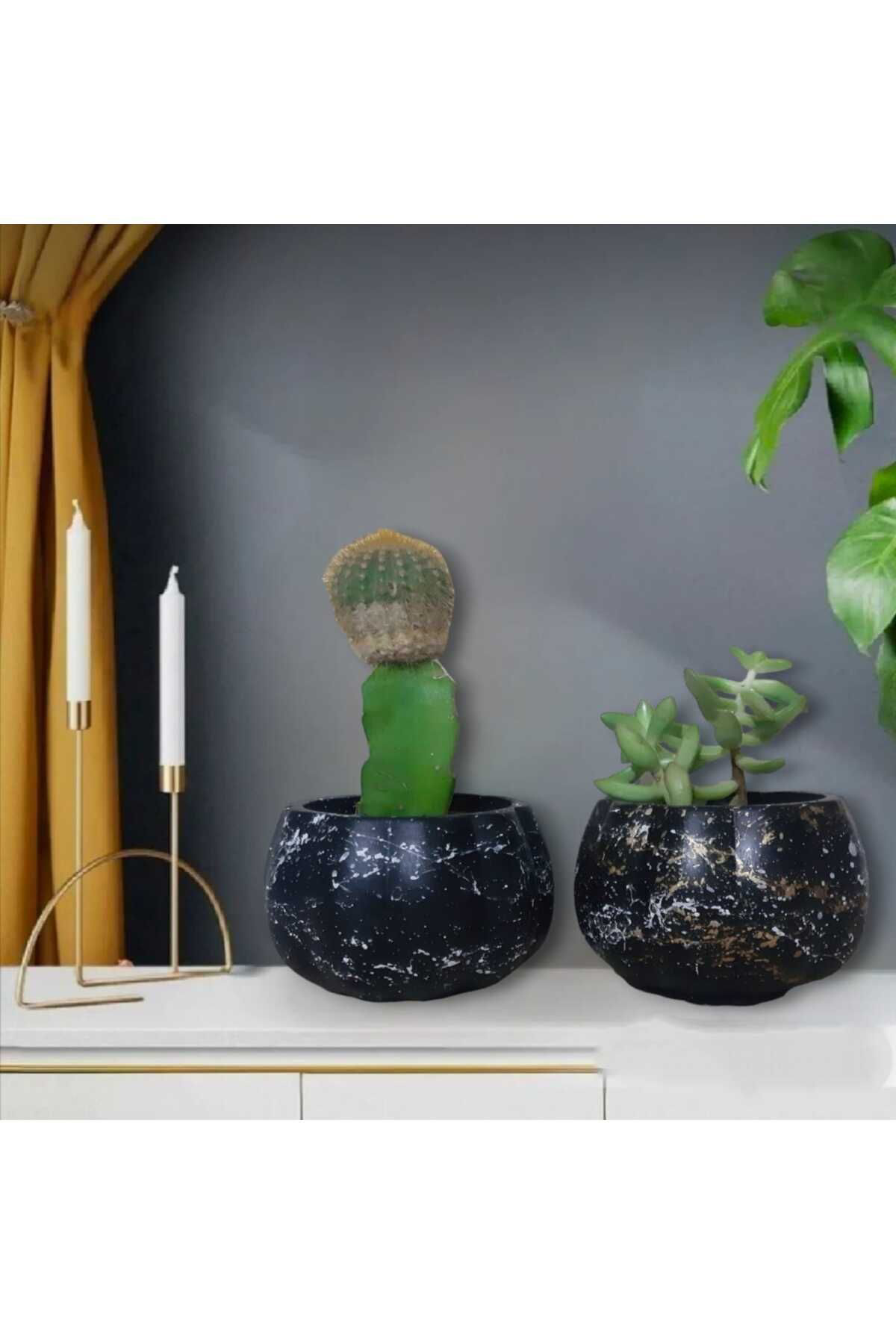 Siyah Efektli Kabak Beton Saksı & Mumluk Dekoratif 2li