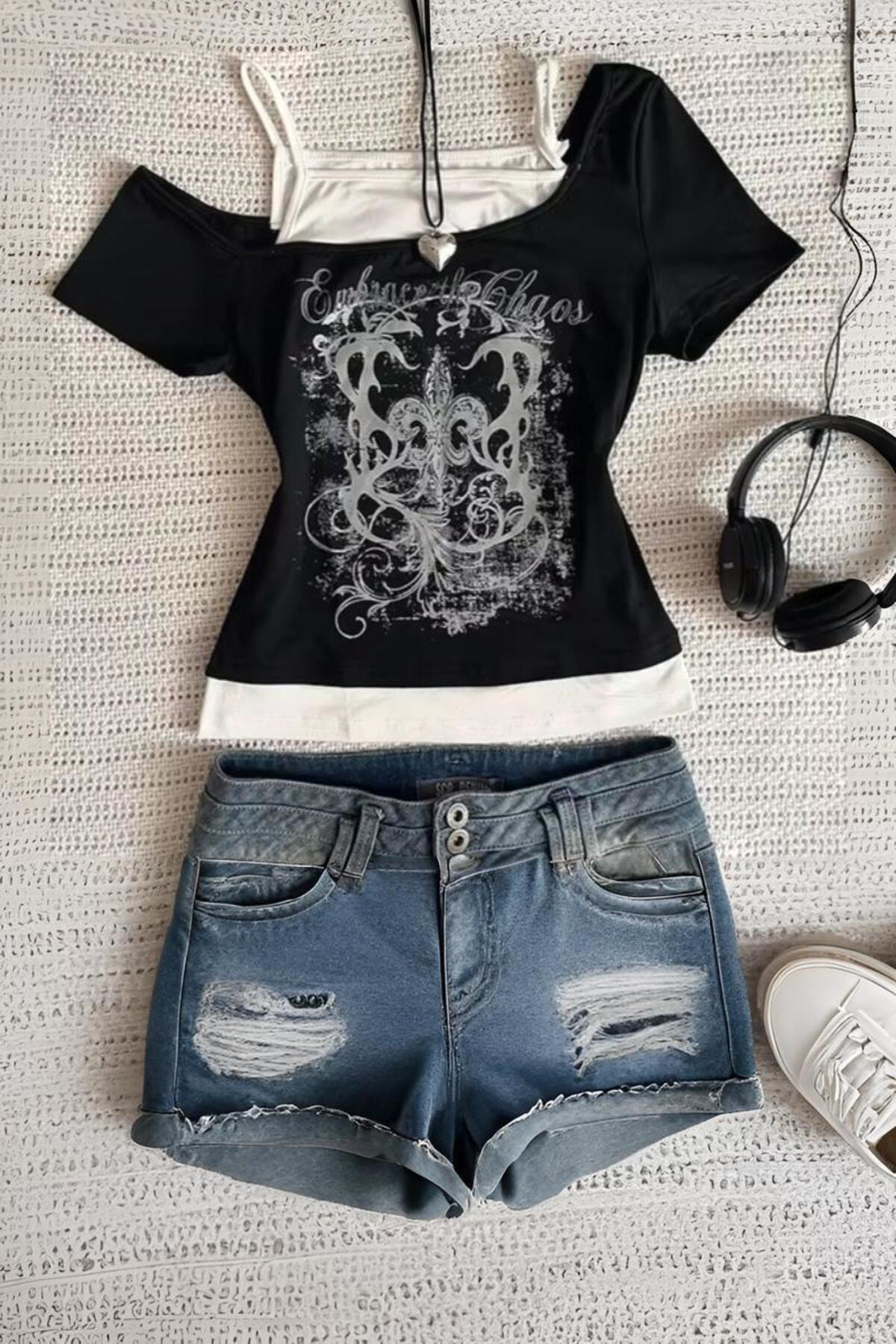 Siyah Embrace The Chaos Ek Askılı Gotik Y2K Kısa Kollu Full Body 
