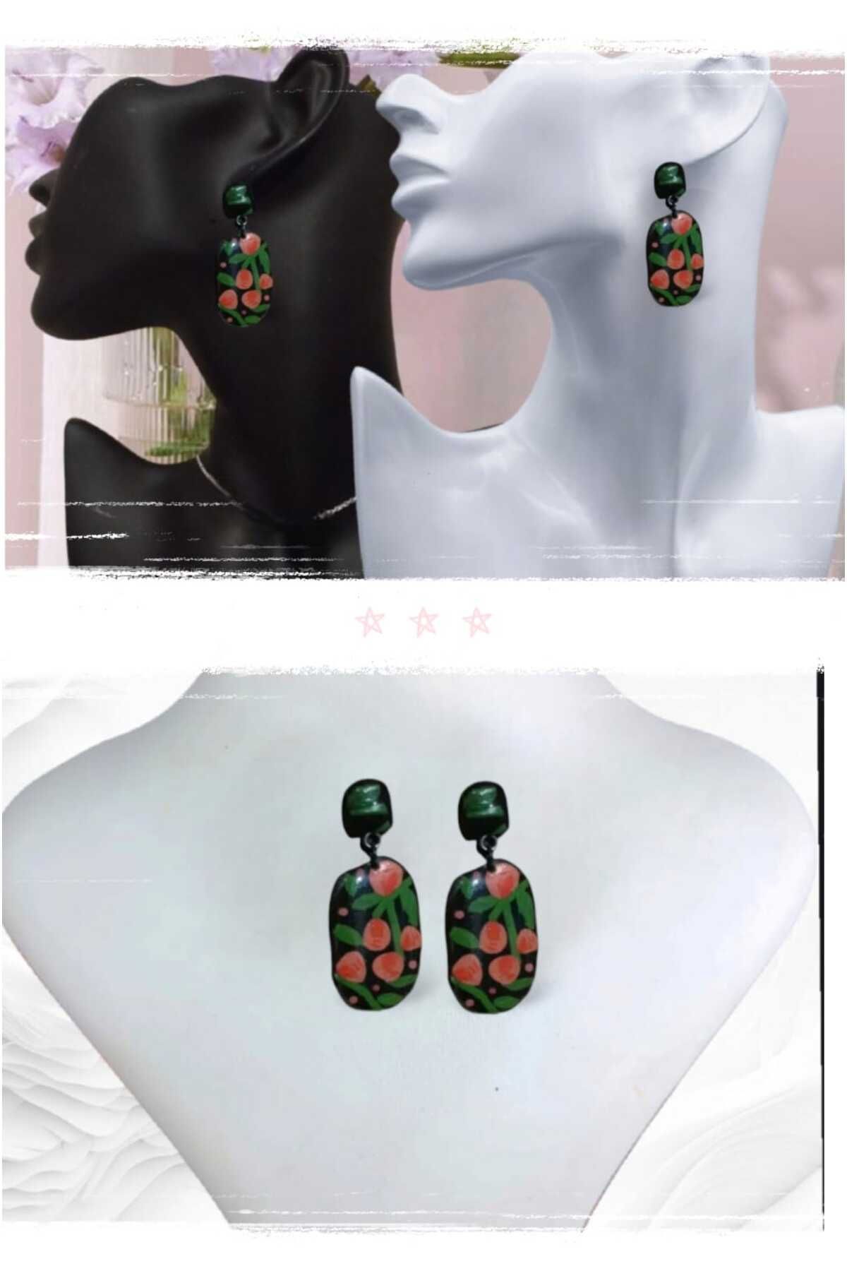 Bijuteri Küpe Siyah Epoksi Tasarım El Yapımı Polimer Kil Küpe