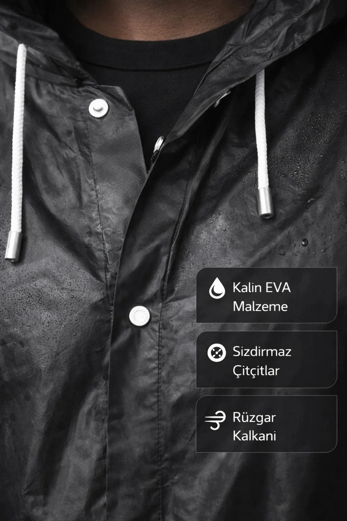 Siyah Eva Pardesü Yağmurluk Su Geçirmez Kapüşonlu Çıtçıtlı Rüzgar