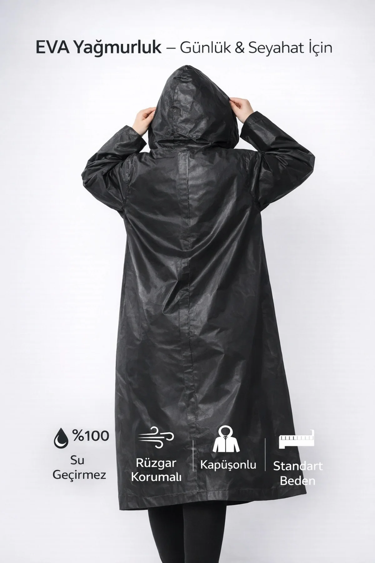 Siyah Eva Pardesü Yağmurluk Su Geçirmez Kapüşonlu Çıtçıtlı Rüzgar
