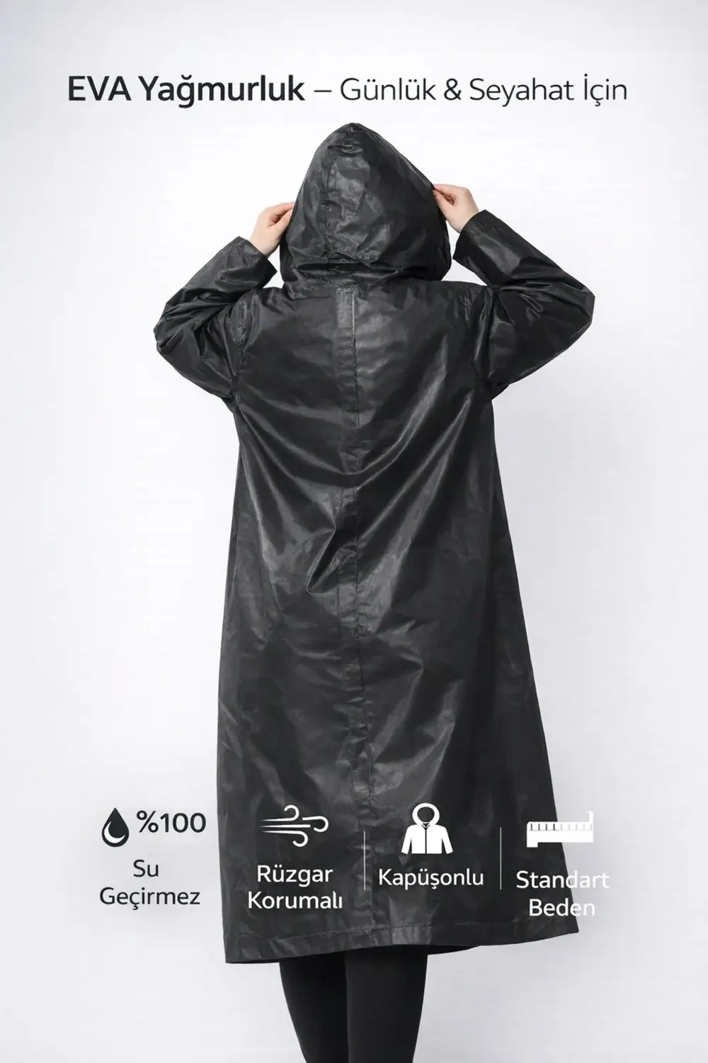 Siyah Eva Pardesü Yağmurluk Su Geçirmez Kapüşonlu Çıtçıtlı Rüzgar