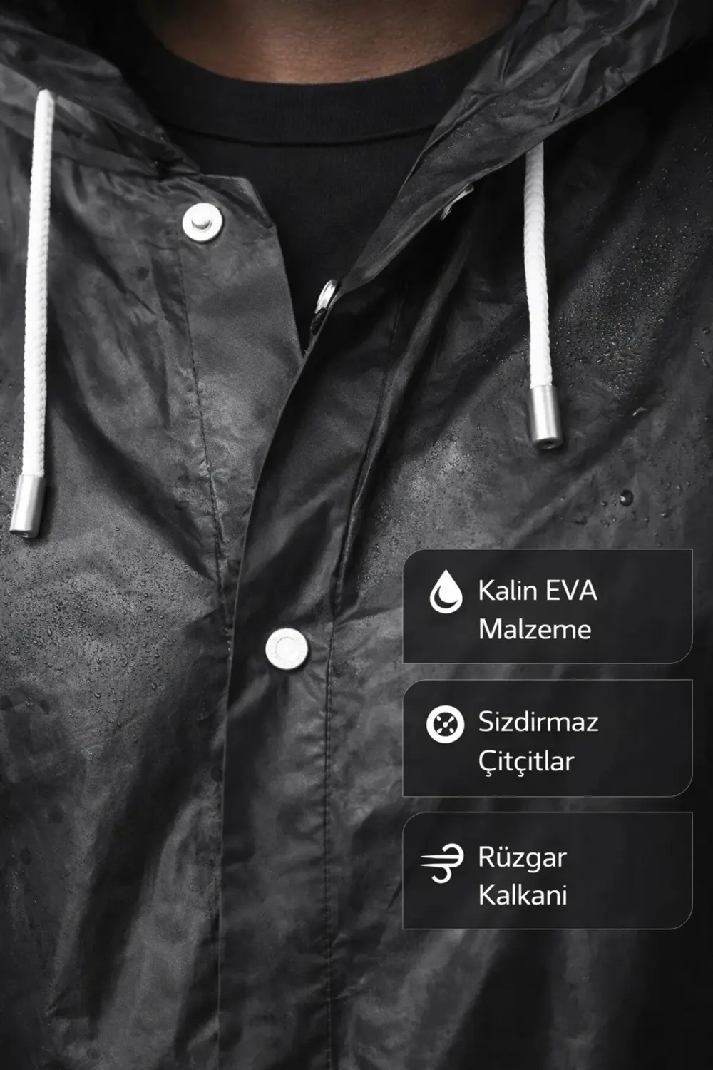 Siyah Eva Pardesü Yağmurluk Su Geçirmez Kapüşonlu Çıtçıtlı Rüzgar