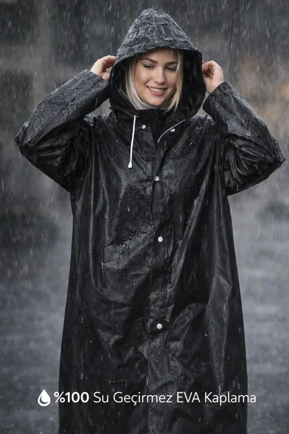 Siyah Eva Pardesü Yağmurluk Su Geçirmez Kapüşonlu Çıtçıtlı Rüzgar