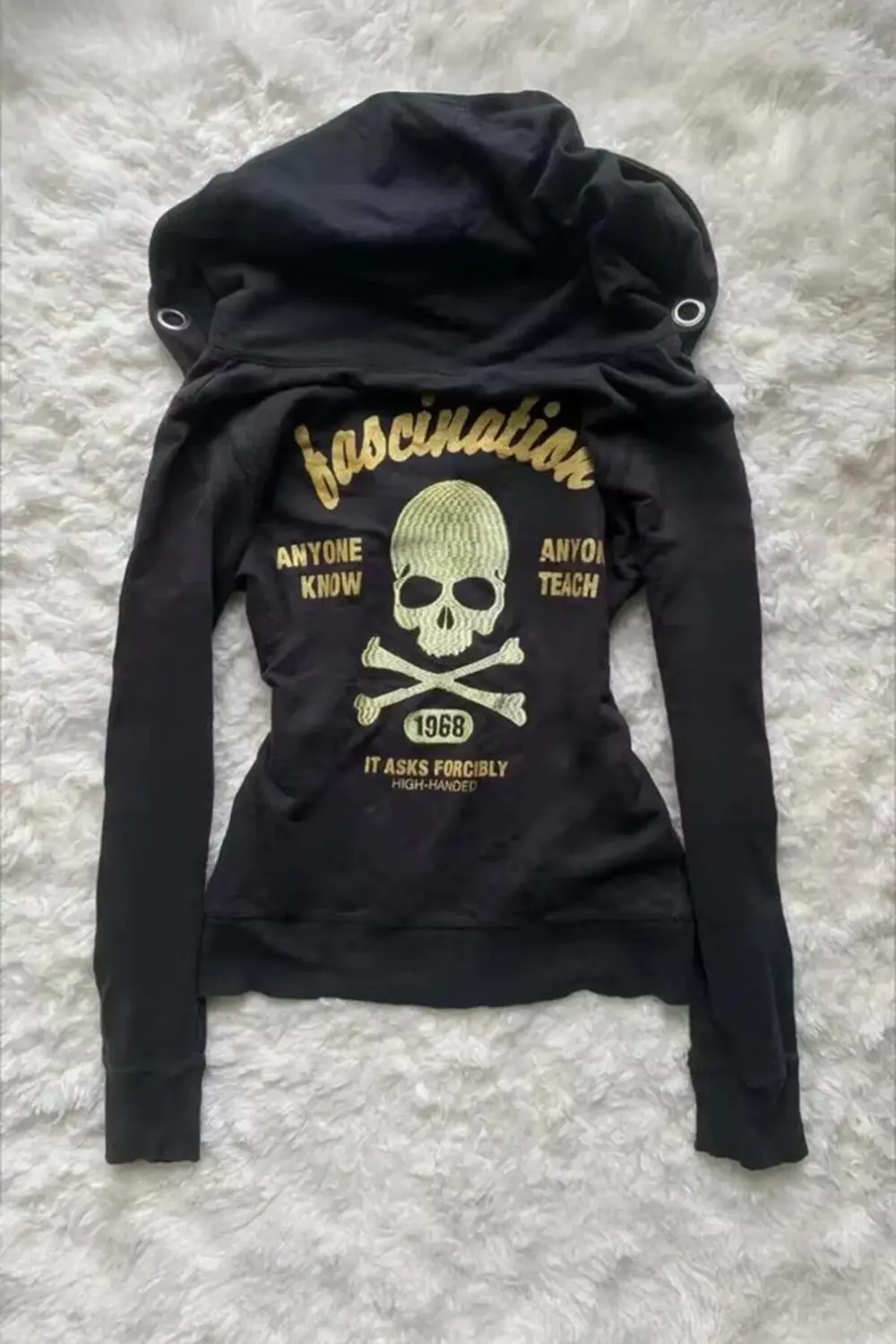 Siyah Fascination Skull Gotik Harajuku Y2K Kapüşonlu Crop Hırka