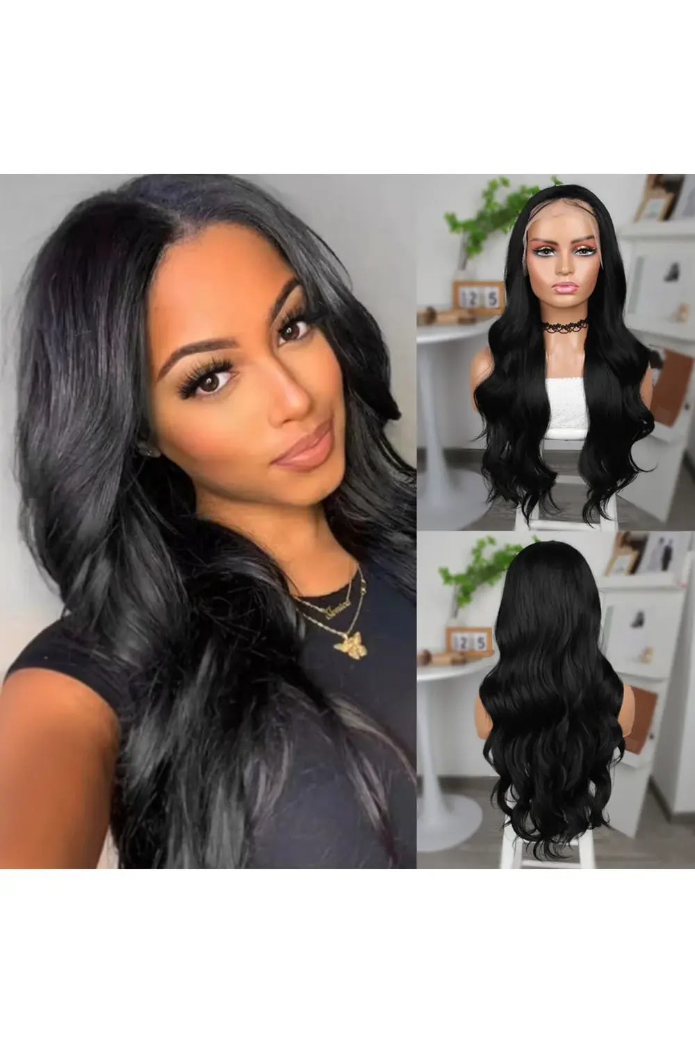 Siyah Fiber Sentetik Geniş Dalgalı Tül Peruk