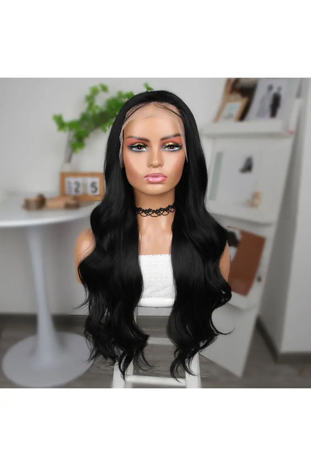 Siyah Fiber Sentetik Geniş Dalgalı Tül Peruk