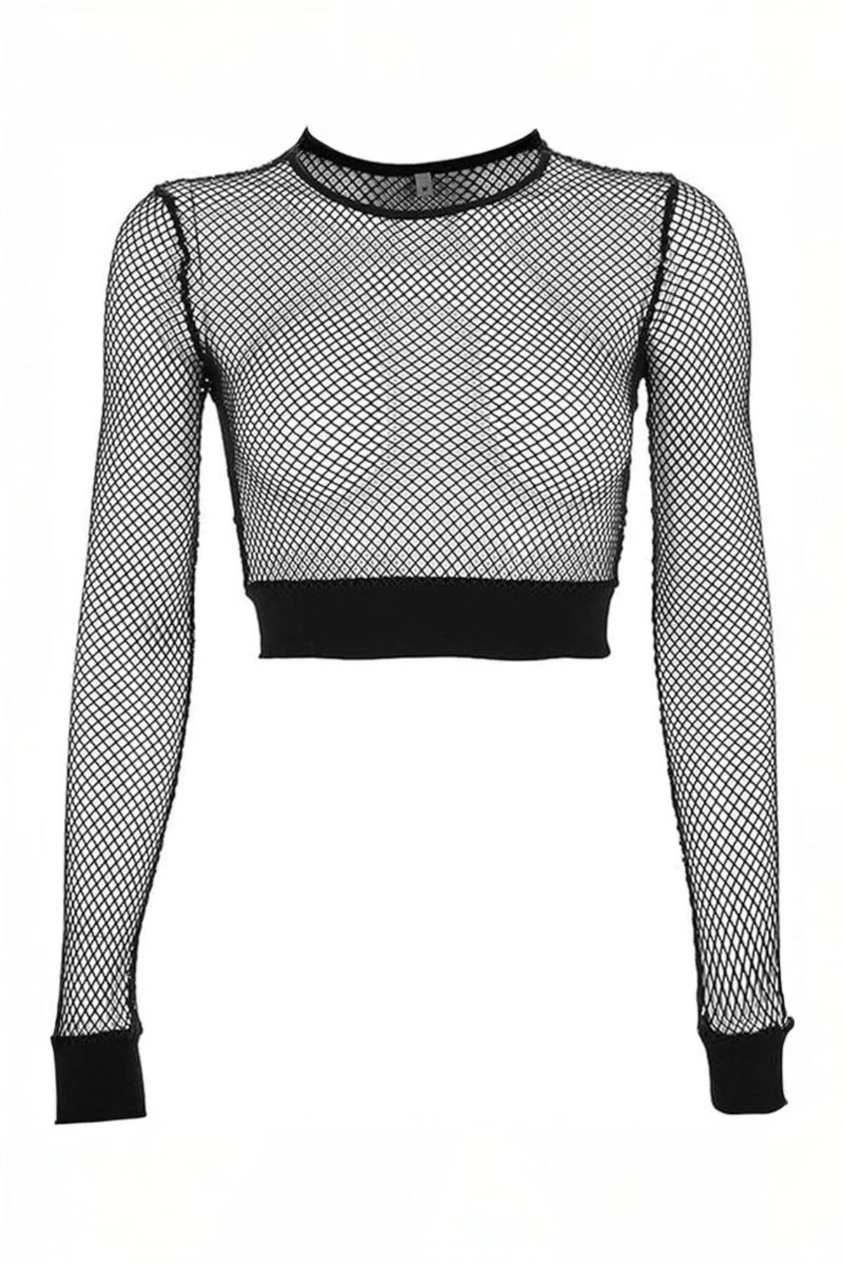 Siyah Fileli Lastik Detaylı Y2K Uzun Kollu Crop