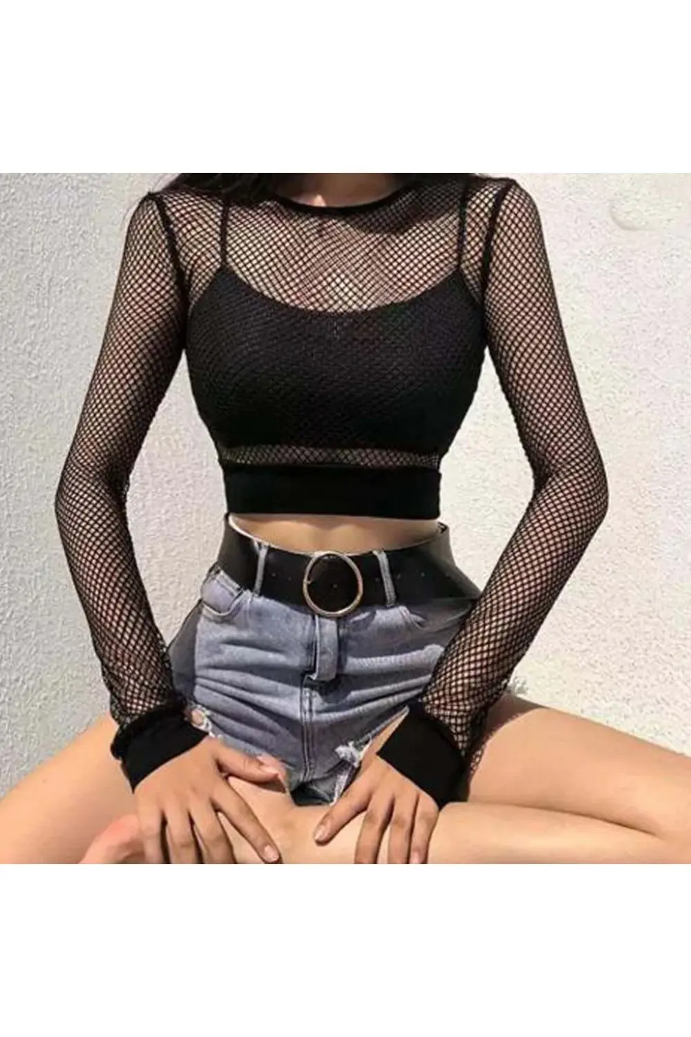 Siyah Fileli Lastik Detaylı Crop Uzun Kollu