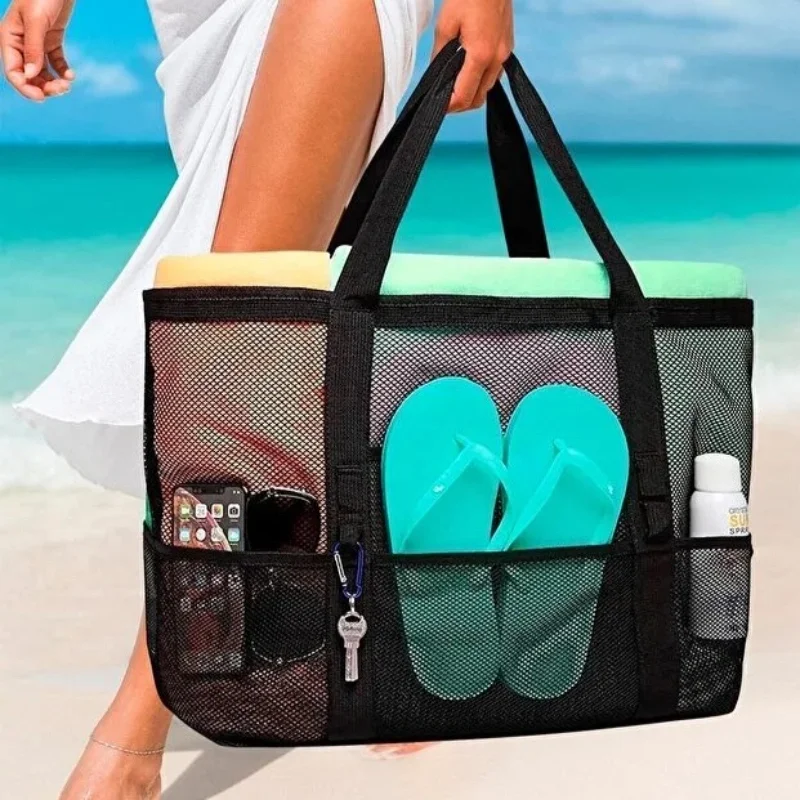 Siyah Fileli Plaj Çantası - Çok Cepli Tasarım - Fermuarlı İç Bölme