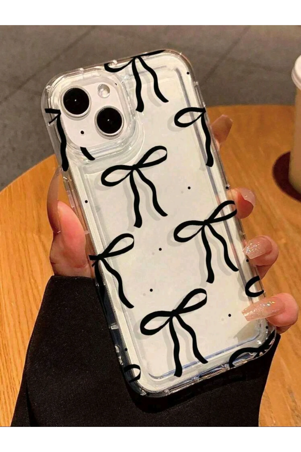 Siyah Fiyonk Baskılı Şeffaf iPhone 16 Pro Max uyumlu telefon Kılı