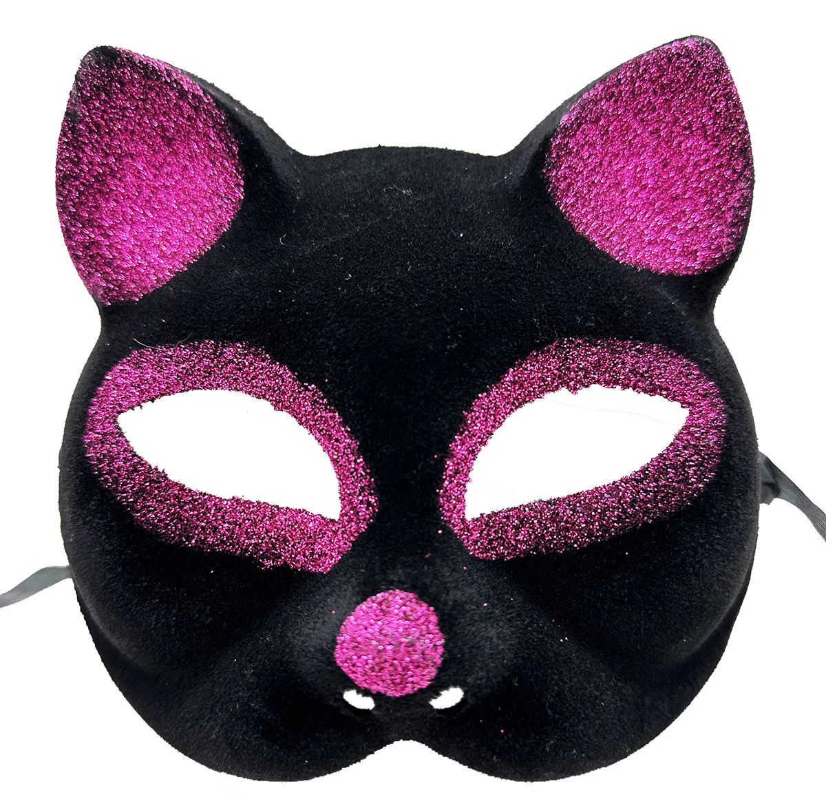 Siyah Fuşya Simli Süet Kedi Maskesi – 18x14 cm Maskeli Balolar İçin Şık Aksesuar
