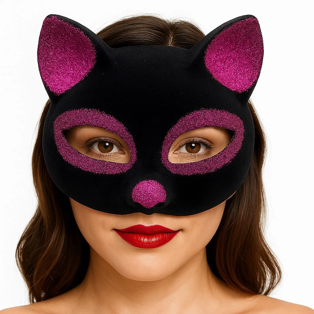 Siyah Fuşya Simli Süet Kedi Maskesi – 18x14 cm Maskeli Balolar İçin Şık Aksesuar