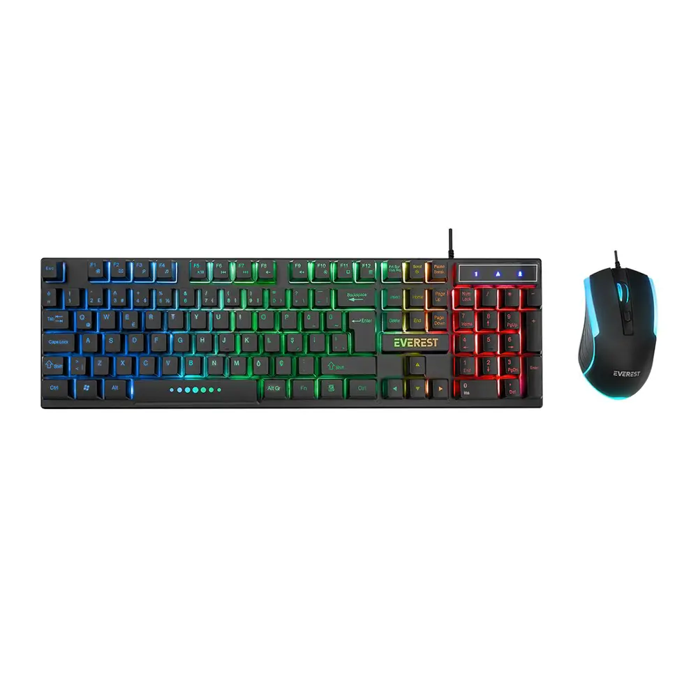 SİYAH GÖKKUŞAĞI IŞIKLI USB KABLOLU OYUNCU KLAVYE - MOUSE SET (474