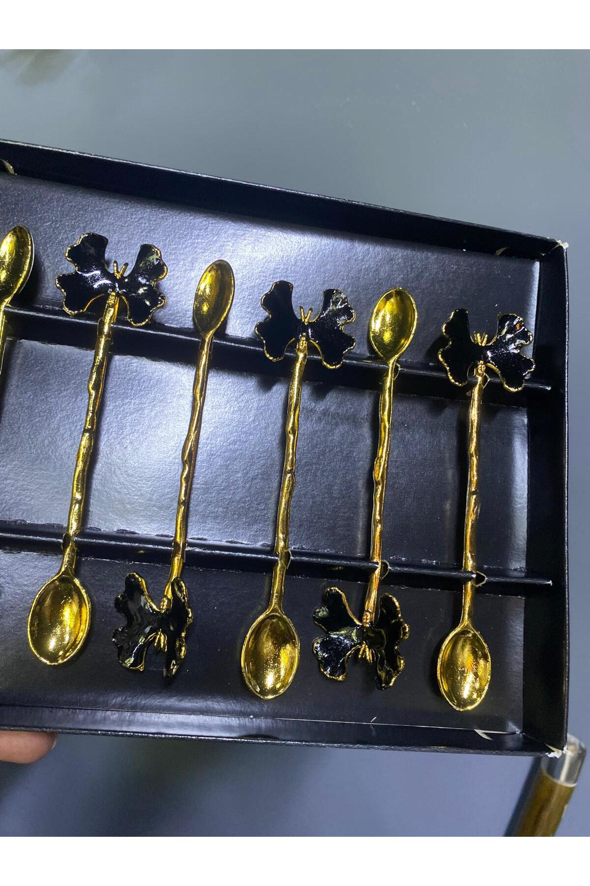 Elif Aksesuar Siyah Gold Kelebekli Metal Çay Kaşığı 6 Lı