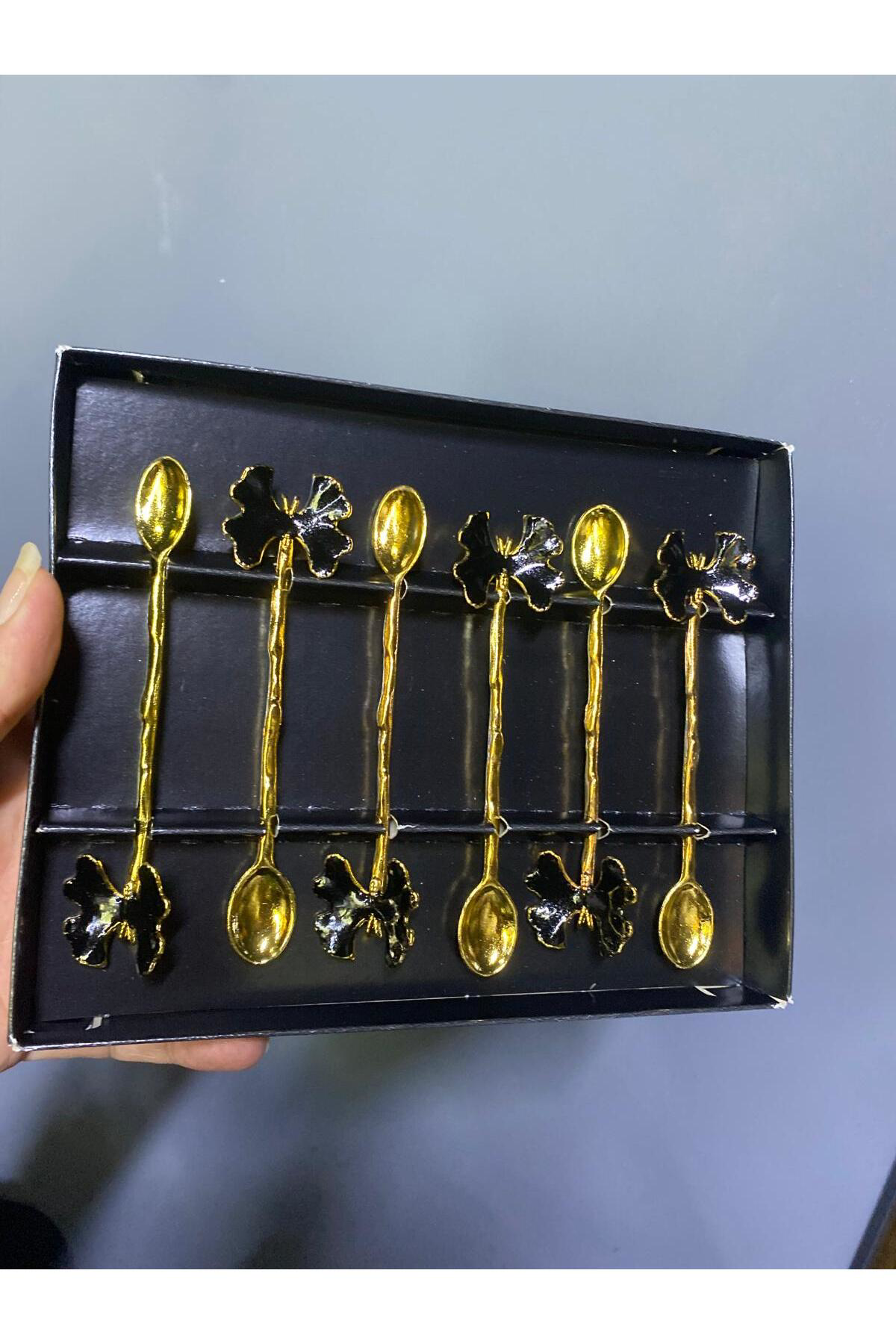 Elif Aksesuar Siyah Gold Kelebekli Metal Çay Kaşığı 6 Lı