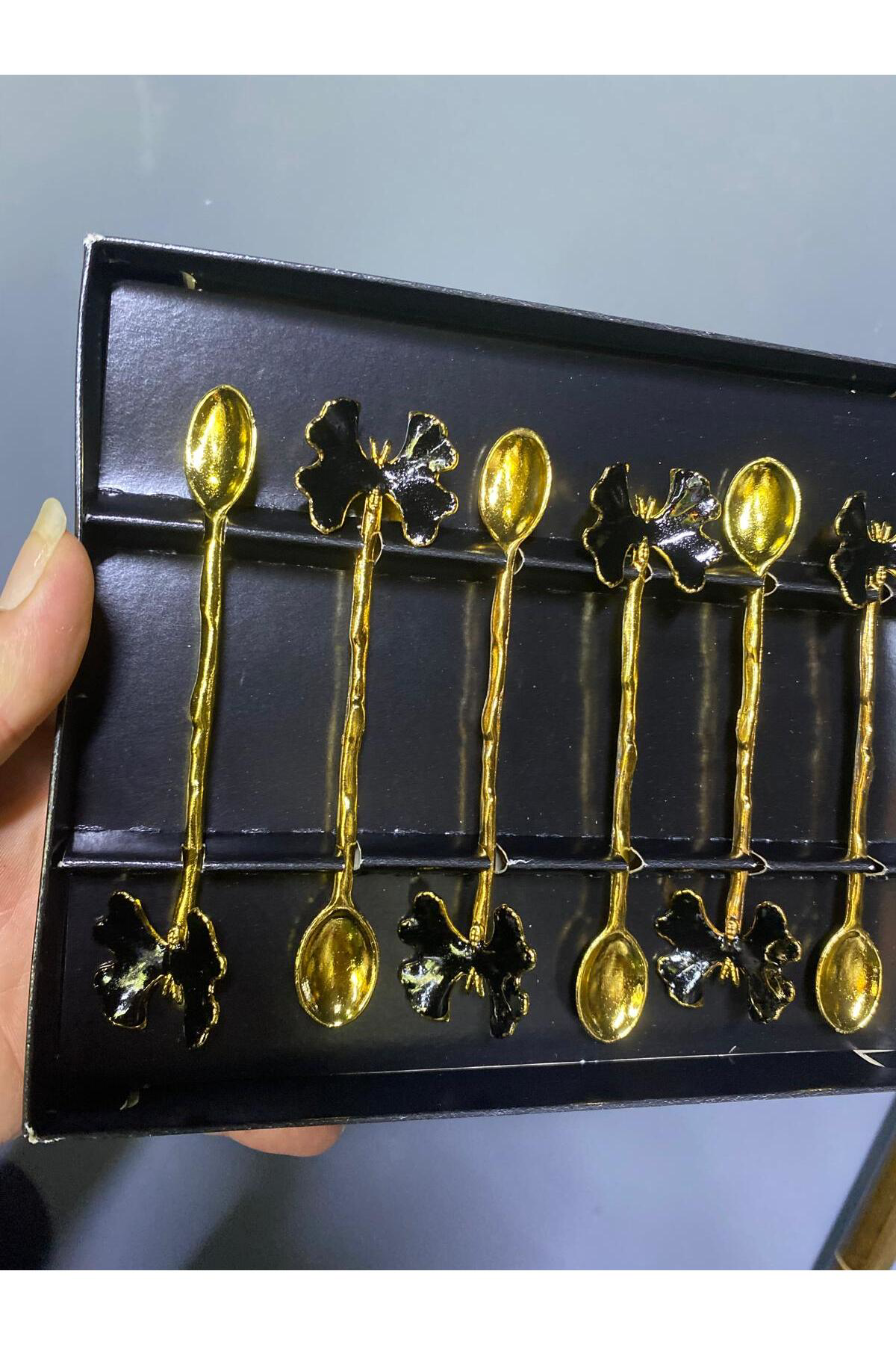 Elif Aksesuar Siyah Gold Kelebekli Metal Çay Kaşığı 6 Lı