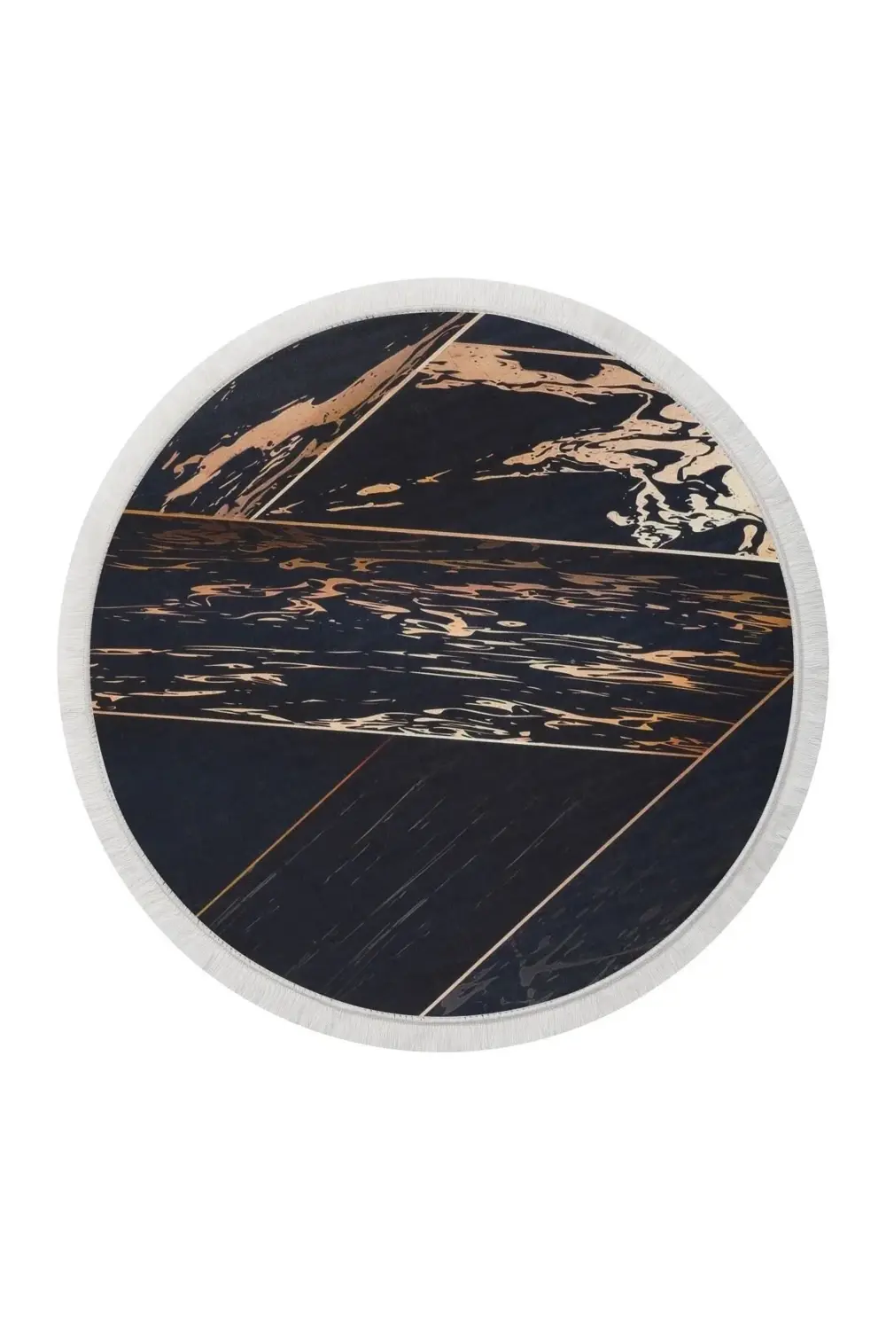 Siyah Gold Saçaklı Dijital Yuvarlak Halı Kaymaz Yıkanabilir 100x1