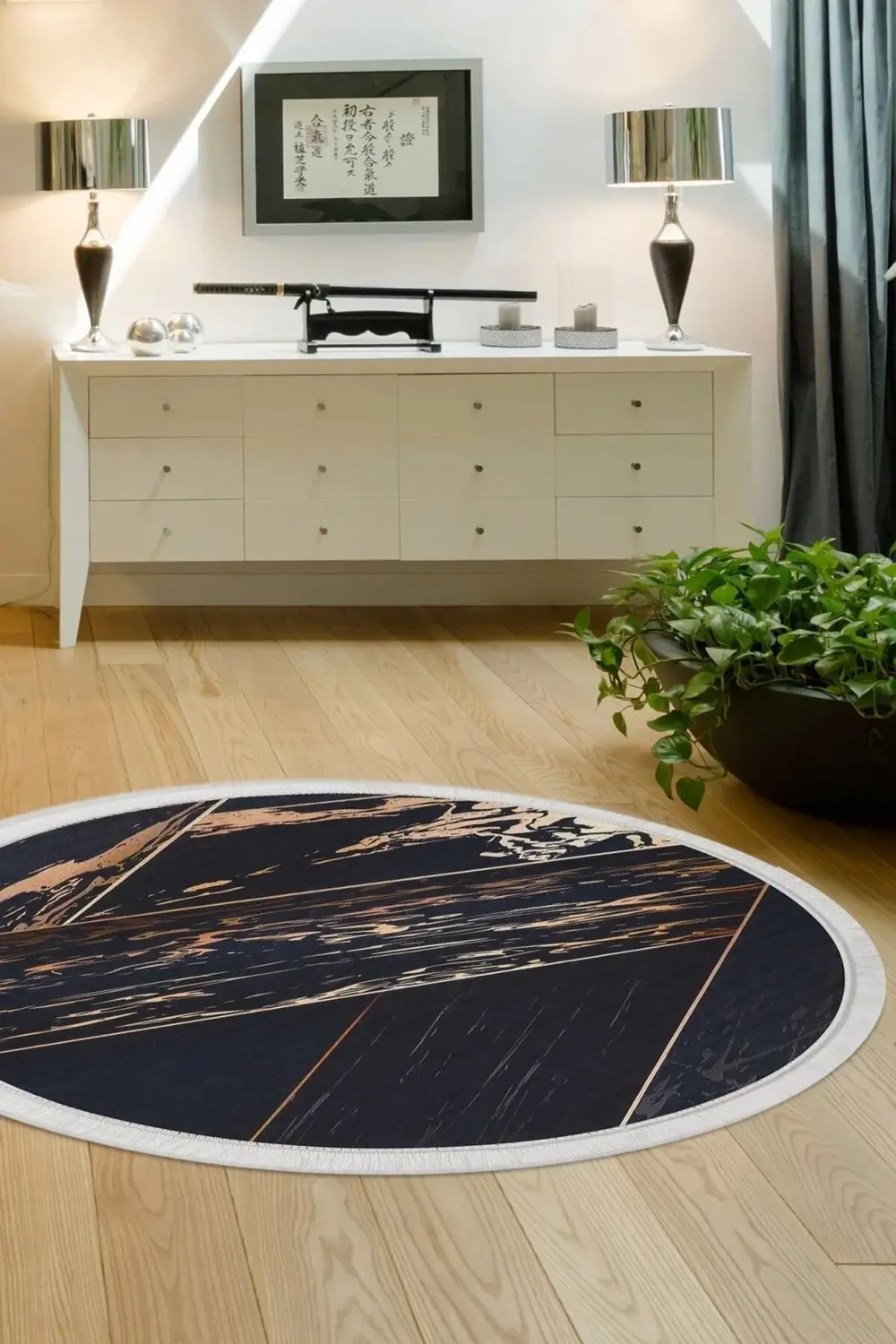 Siyah Gold Saçaklı Dijital Yuvarlak Halı Kaymaz Yıkanabilir 100x1