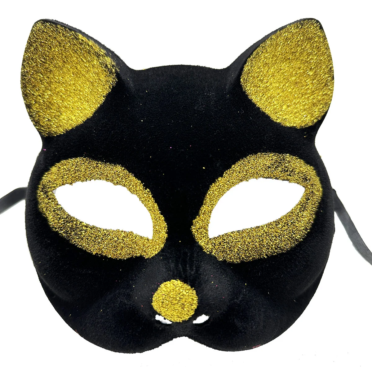 Siyah Gold Simli Süet Kedi Maskesi 18x14 cm – Maske Balosu & Kostüm Aksesuarı
