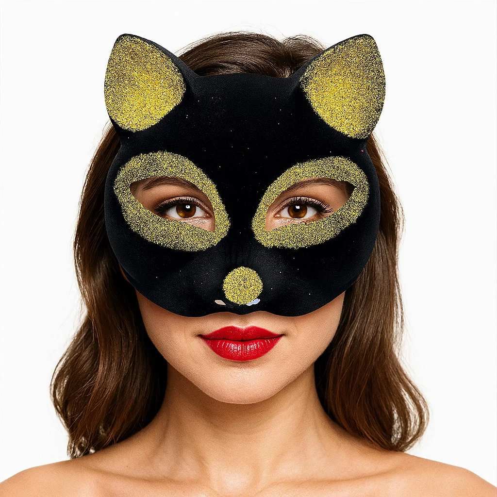 Siyah Gold Simli Süet Kedi Maskesi 18x14 cm – Maske Balosu & Kostüm Aksesuarı