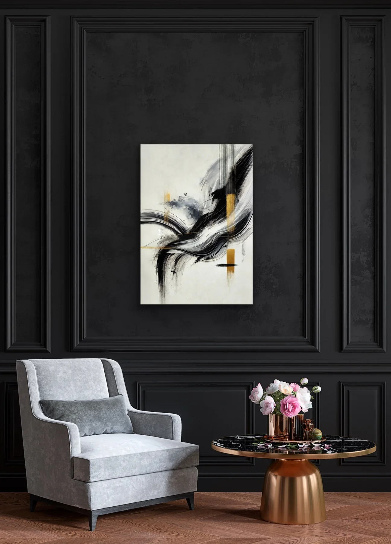 Siyah Gold Soyut Kanvas Tablo 70x100cm — Çerçevesiz Duvar Sanatı