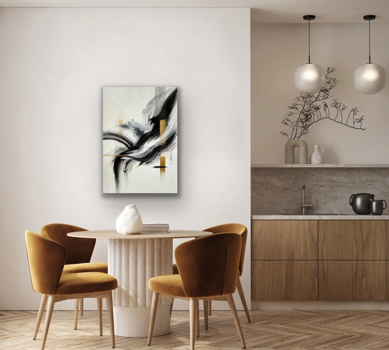 Siyah Gold Soyut Kanvas Tablo 70x100cm — Çerçevesiz Duvar Sanatı