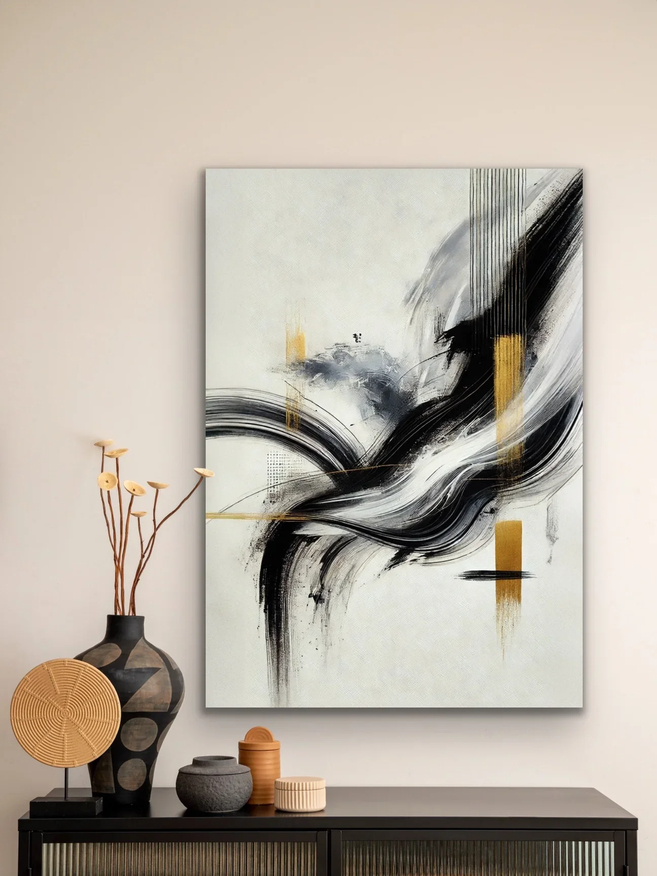Siyah Gold Soyut Kanvas Tablo 70x100cm — Çerçevesiz Duvar Sanatı