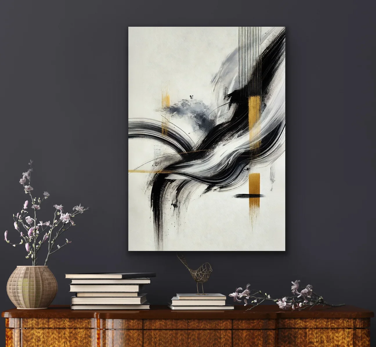 Siyah Gold Soyut Kanvas Tablo 70x100cm — Çerçevesiz Duvar Sanatı