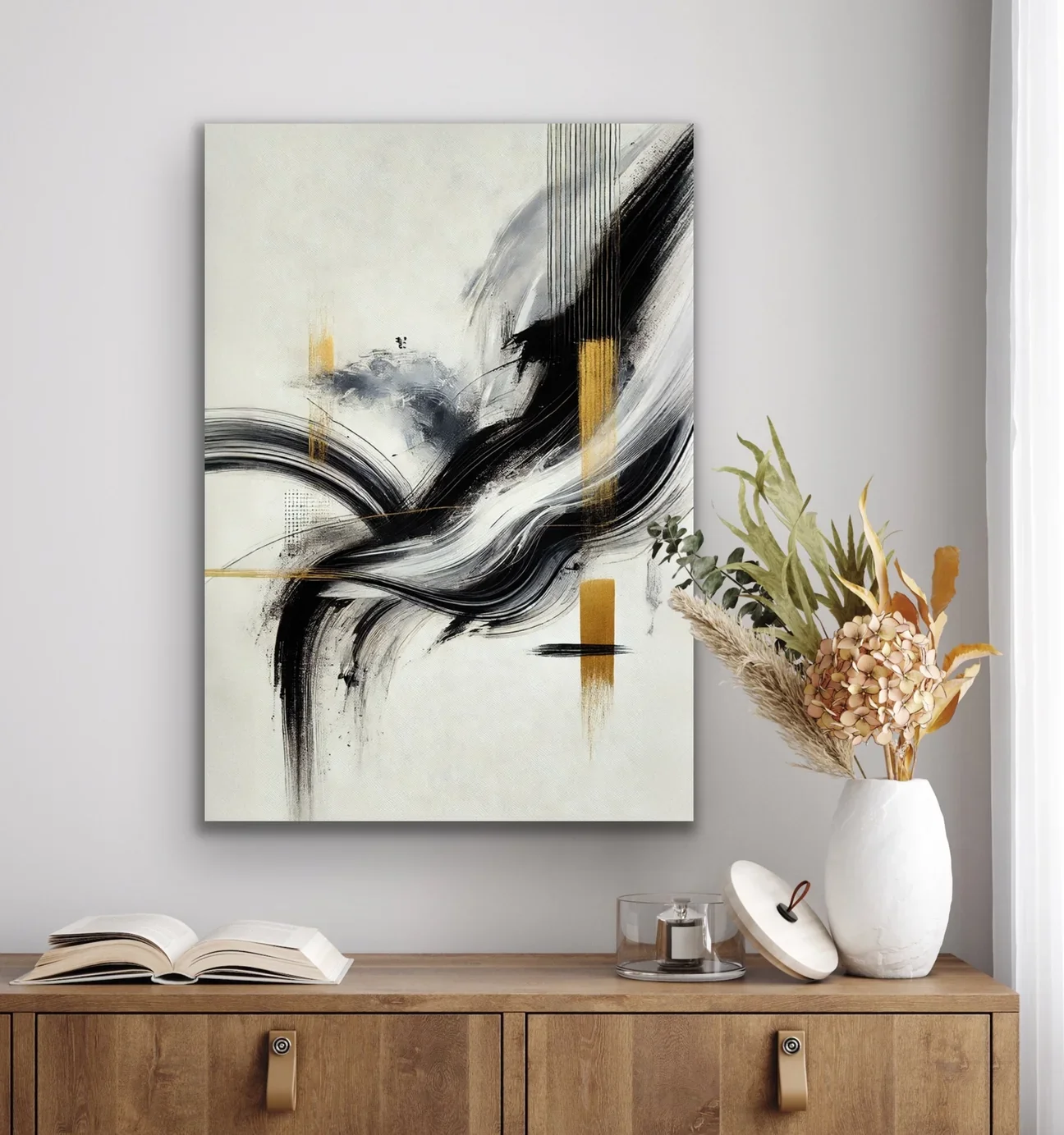 Siyah Gold Soyut Kanvas Tablo 70x100cm — Çerçevesiz Duvar Sanatı
