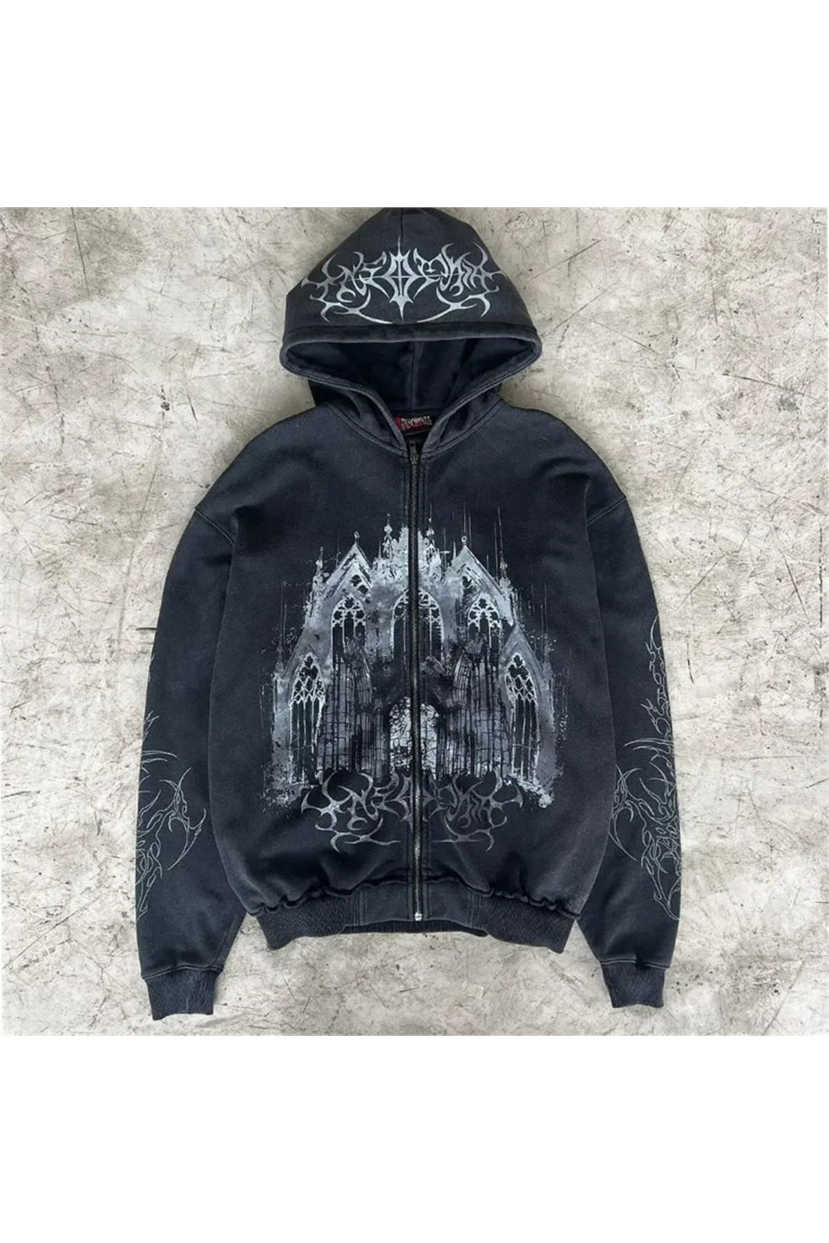 Siyah Gothic Castle Fermuarlı Kapüşonlu Sweatshirt