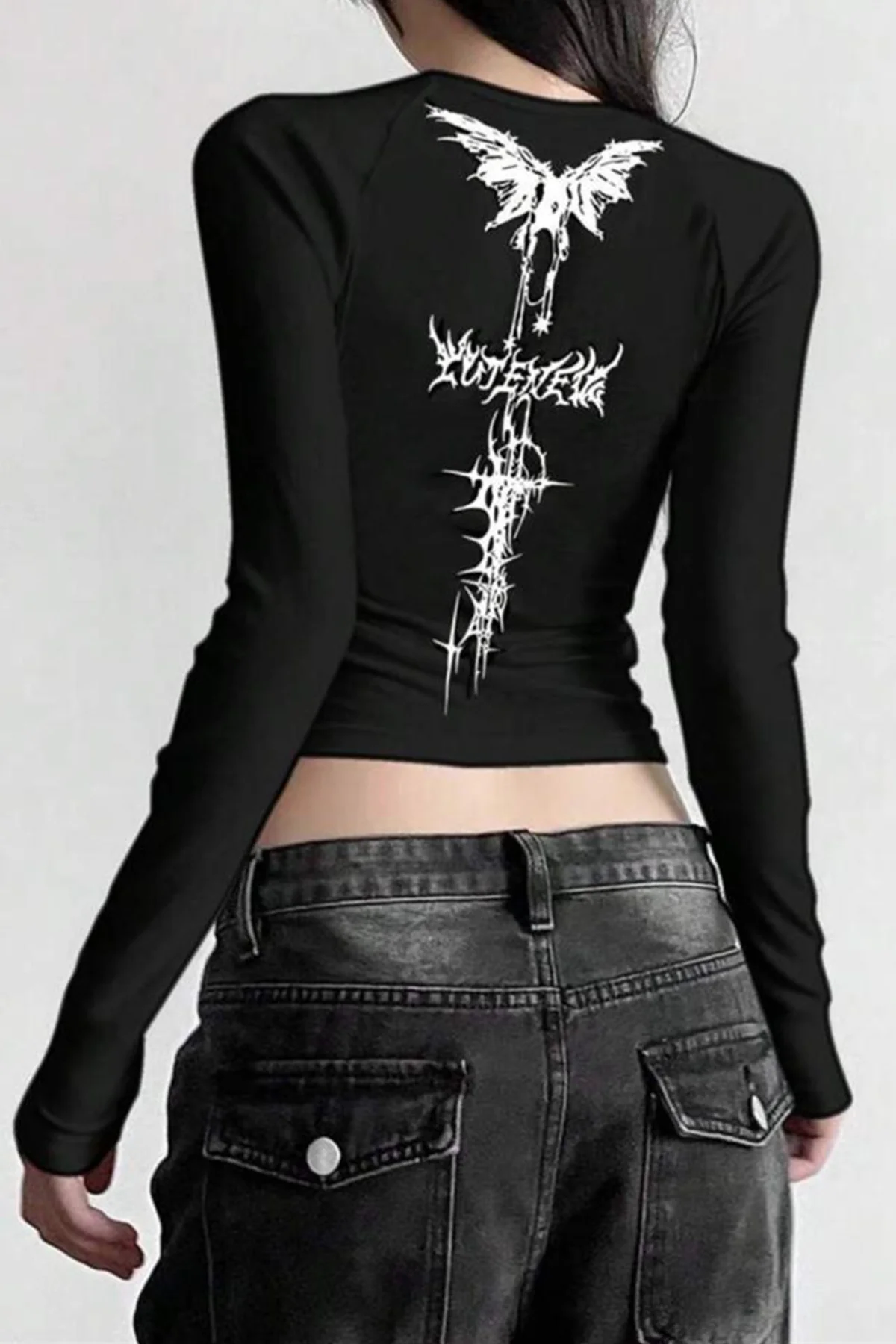 Siyah Gothic Dragon Slayer Uzun Kollu Crop