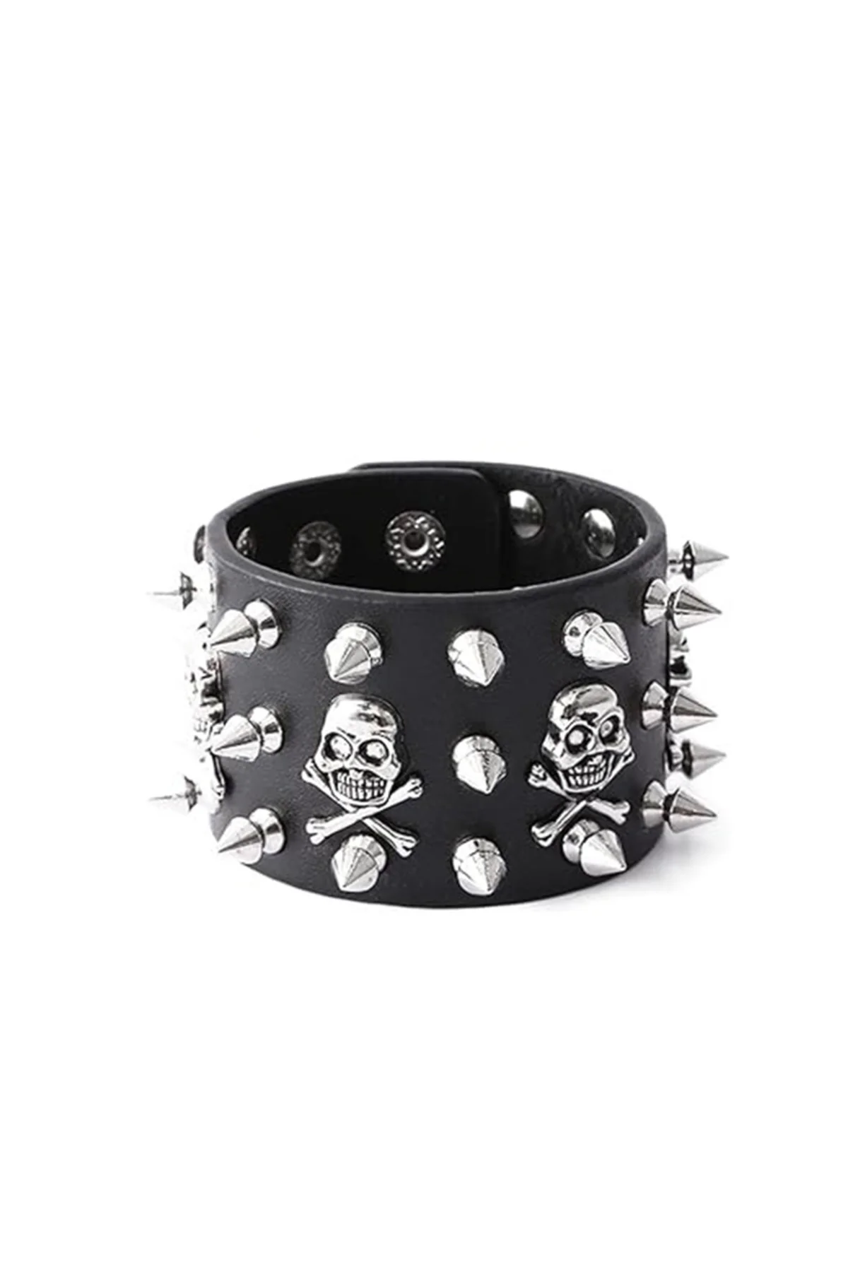 Siyah Gotik 3 Şerit Skull Dikenli Detaylı Deri Bileklik
