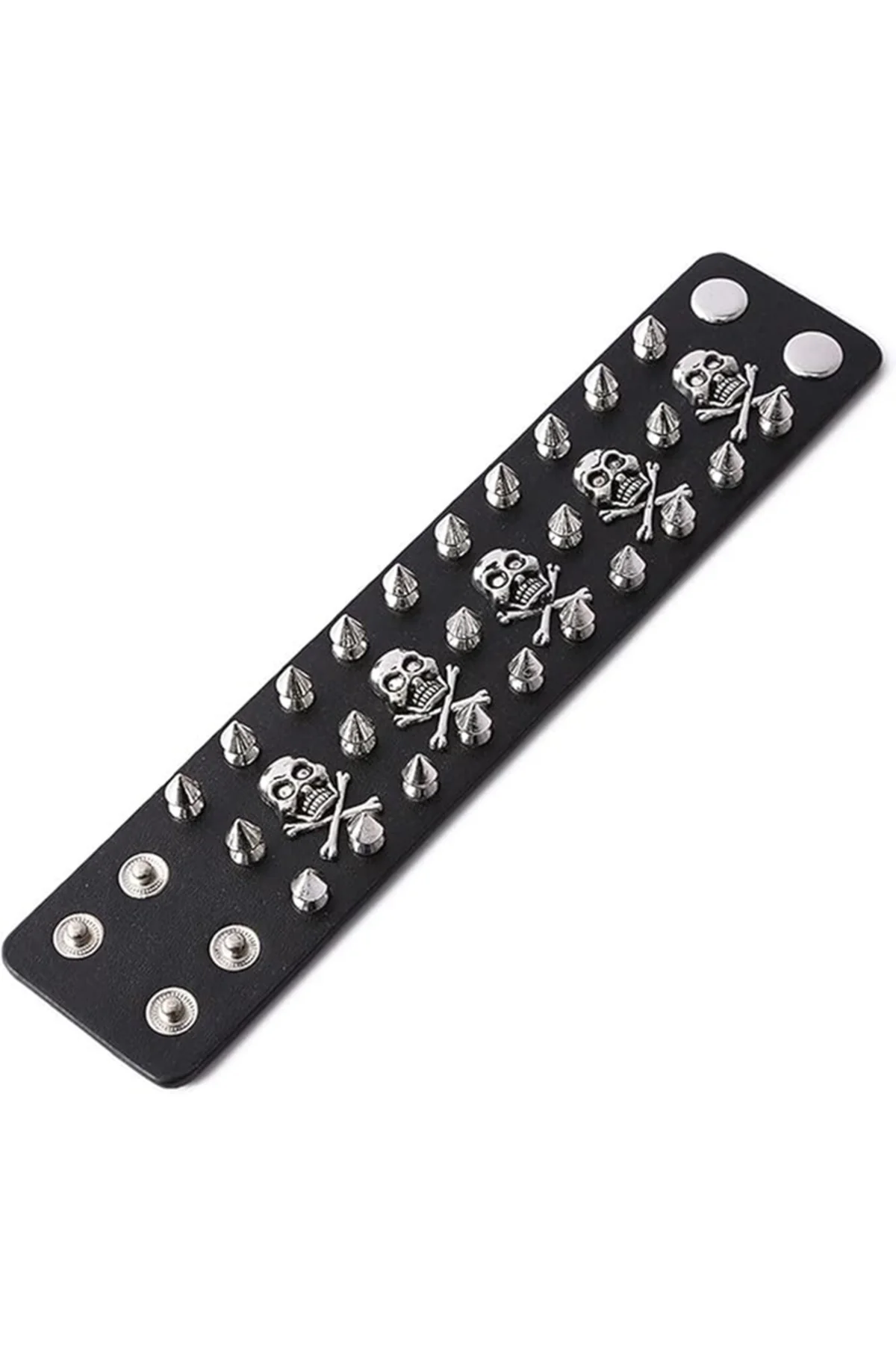 Siyah Gotik 3 Şerit Skull Dikenli Detaylı Deri Bileklik