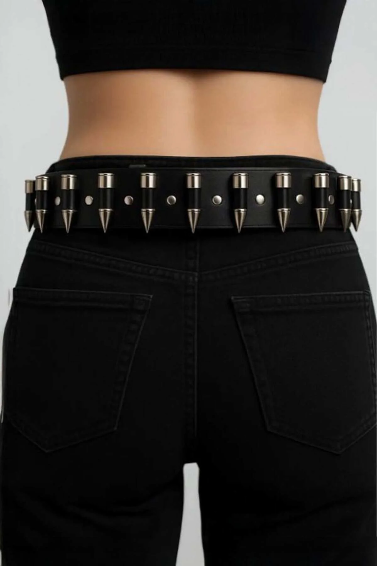 Siyah Gotik Silver Gun Şeritli Y2K Kemer