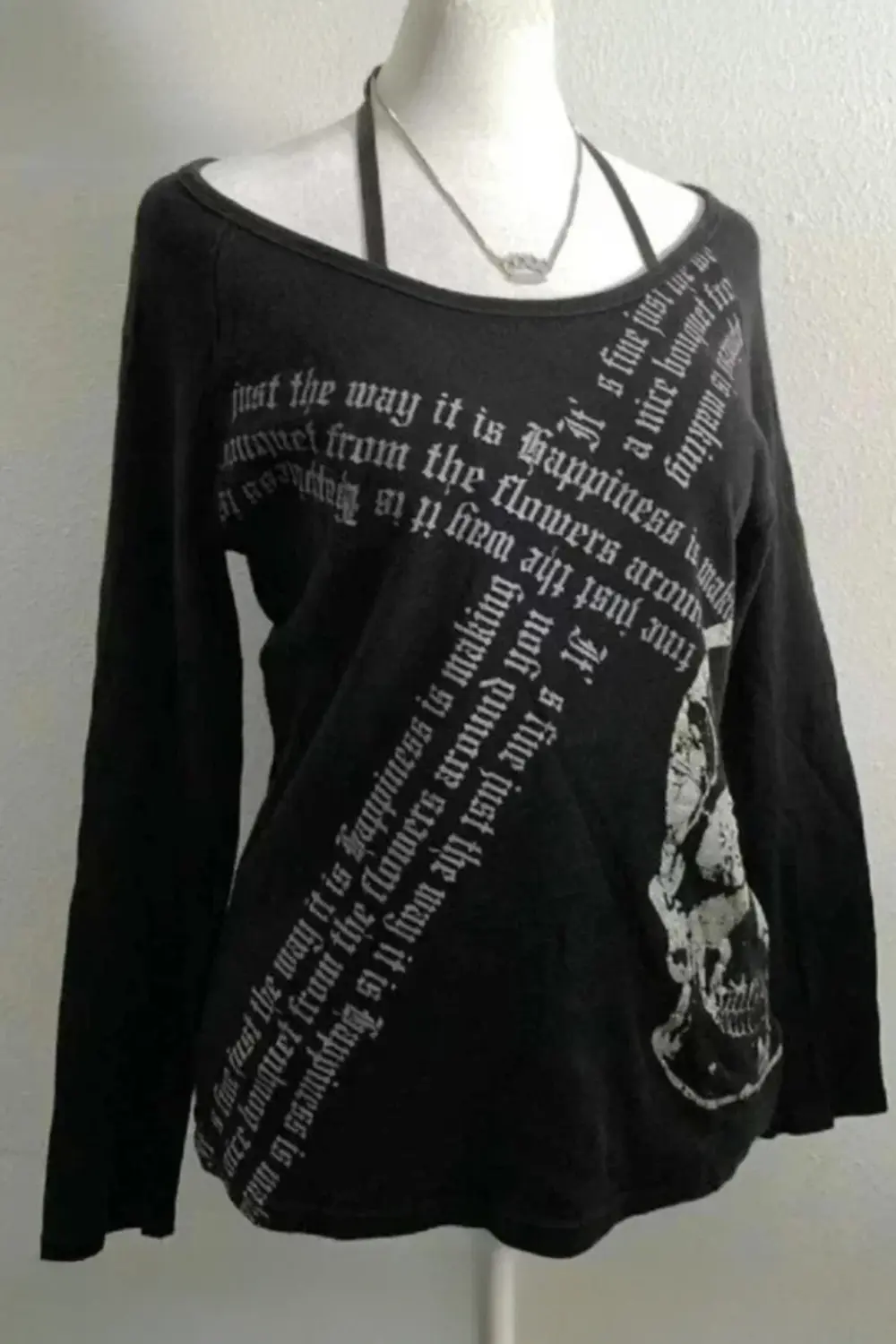 Siyah Gotik Skull Askılı Y2K Uzun Kollu Crop