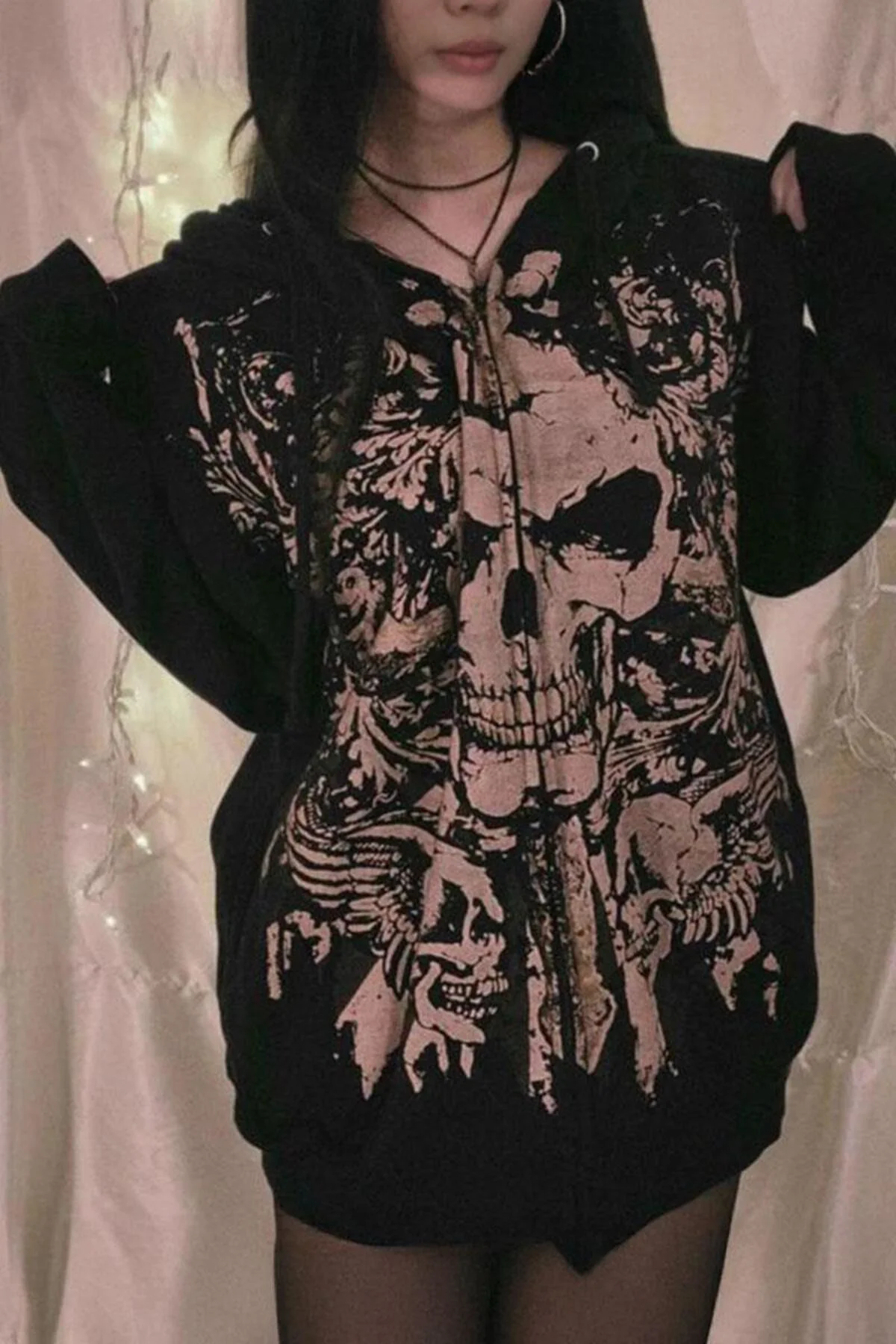 Siyah Gotik Skull Baskılı Y2K Kapüşonlu Unsiex Hırka