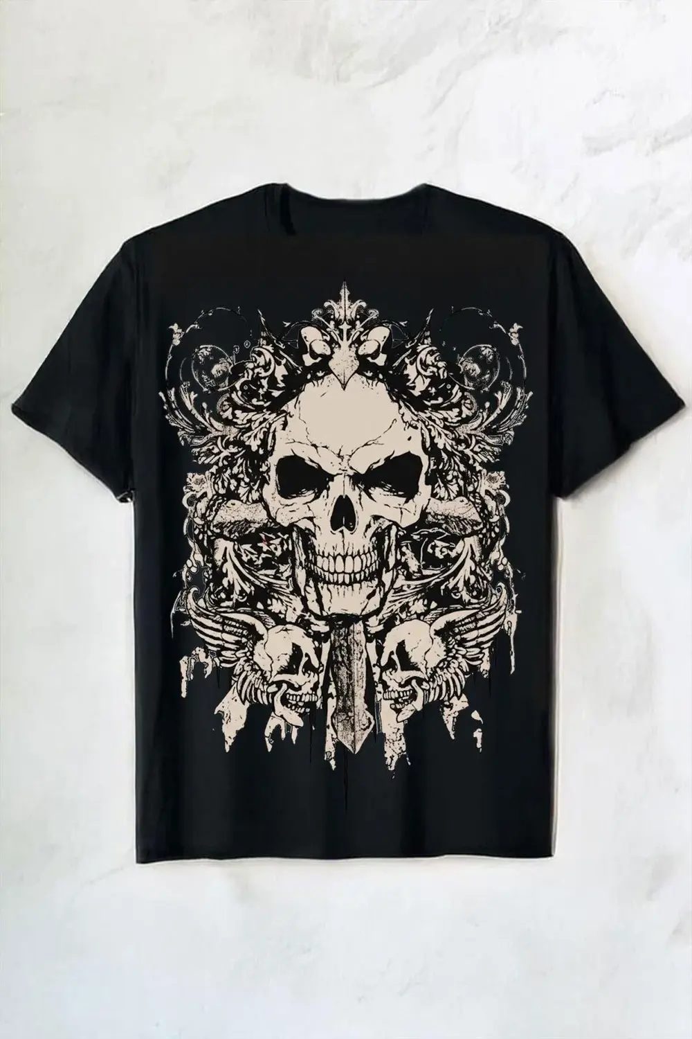 Siyah Gotik Skull Baskılı Y2K Unisex T-shirt