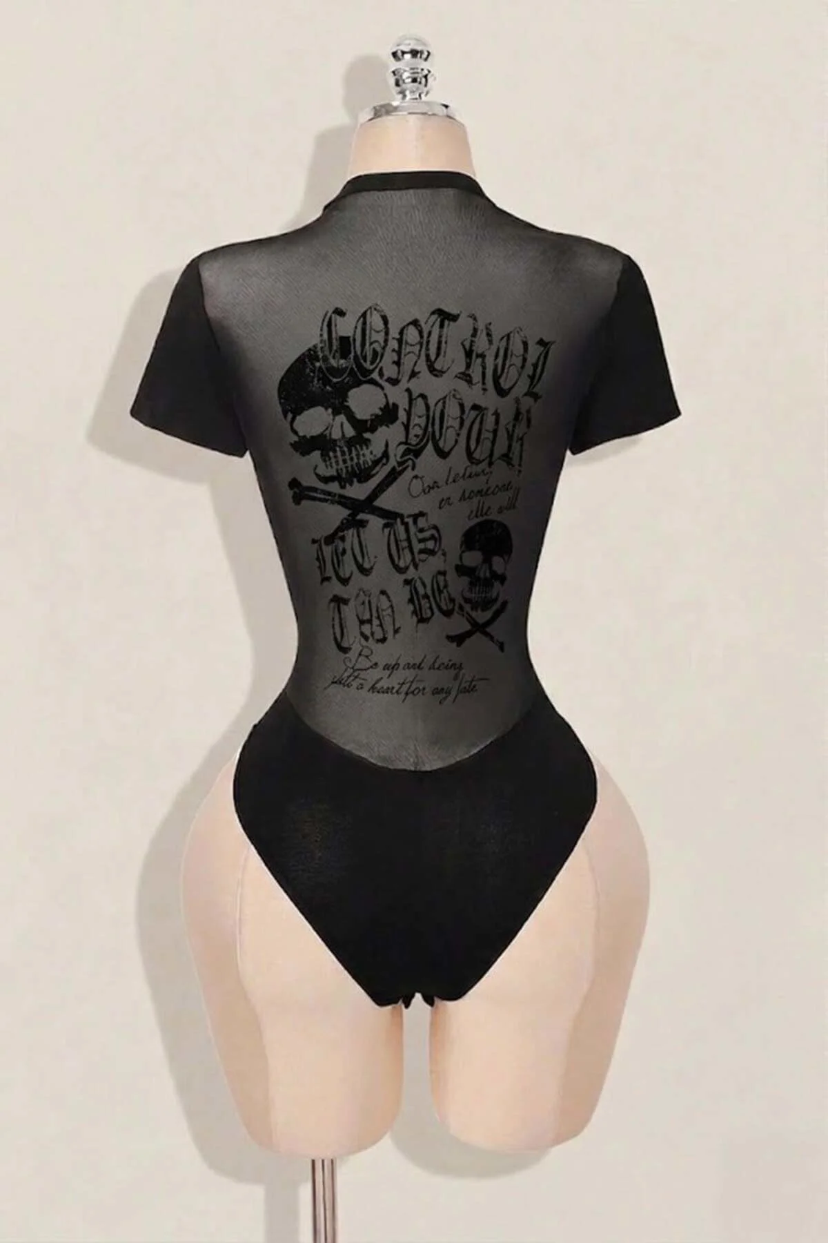Siyah Gotik Skulls Control Transparan Kısa Kollu Çıtçıtlı Body