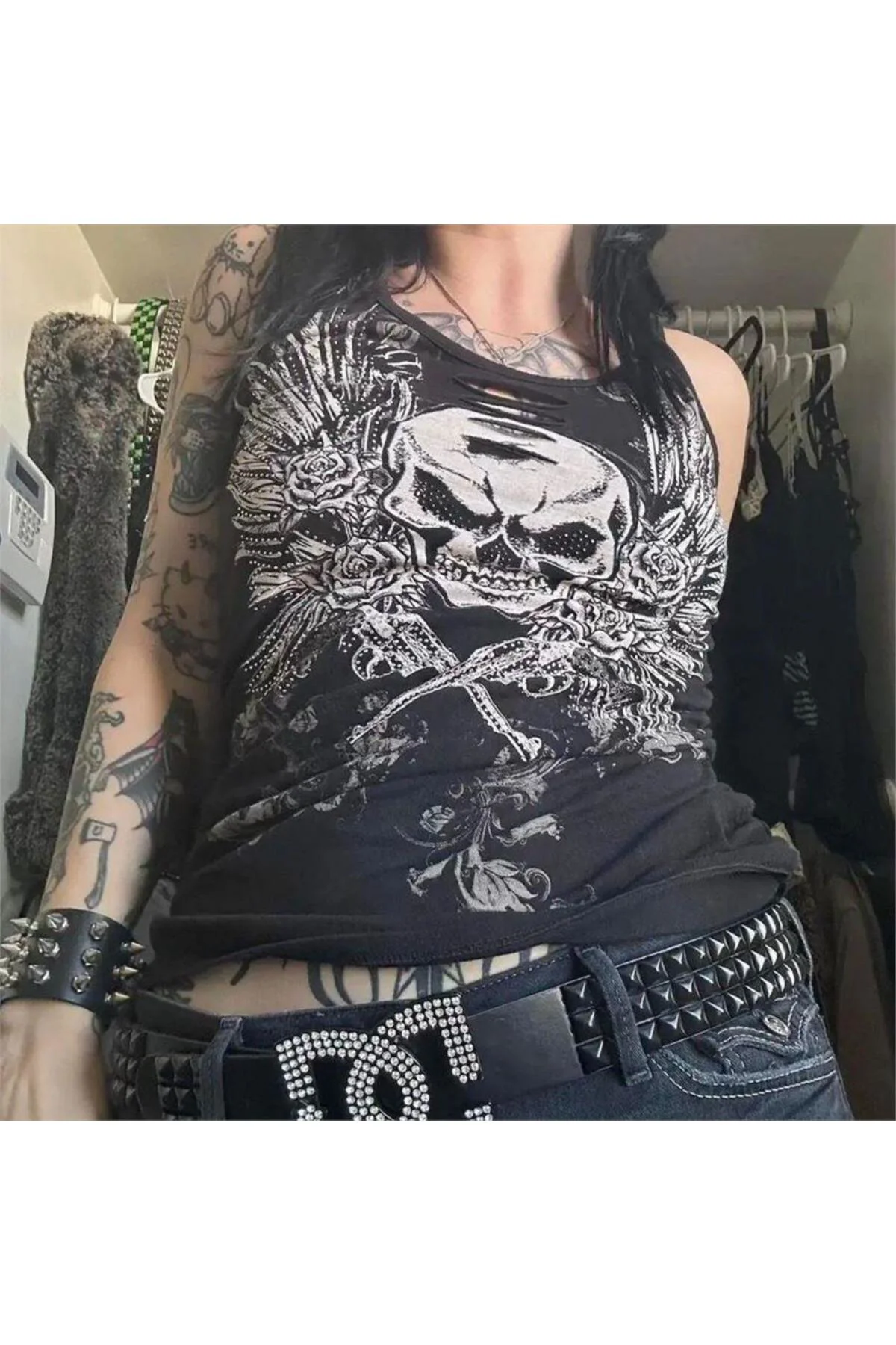 Siyah Gotik Vintage Skull Wings Cyber Grunge Full Body Askılı Crop