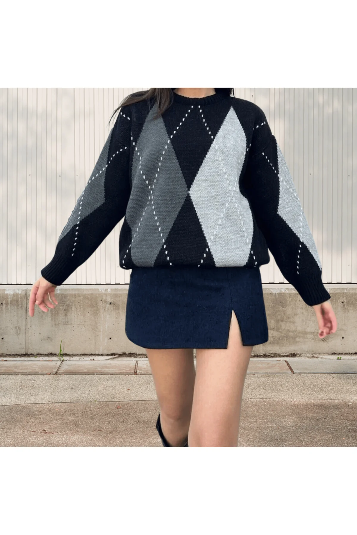 Siyah Gri Baklava Desen Oversize Triko