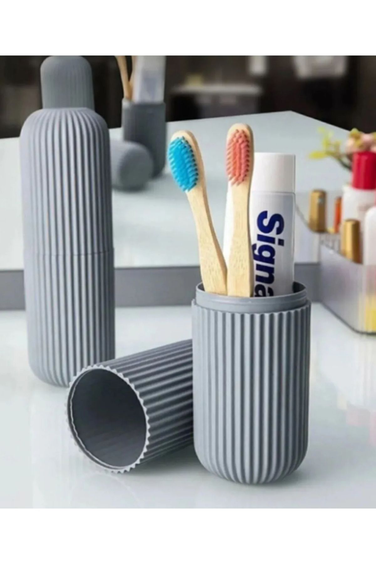 Siyah Gri Beyaz Renklerde 3 Adet Diş Fırçası Diş Macunu Saklama K