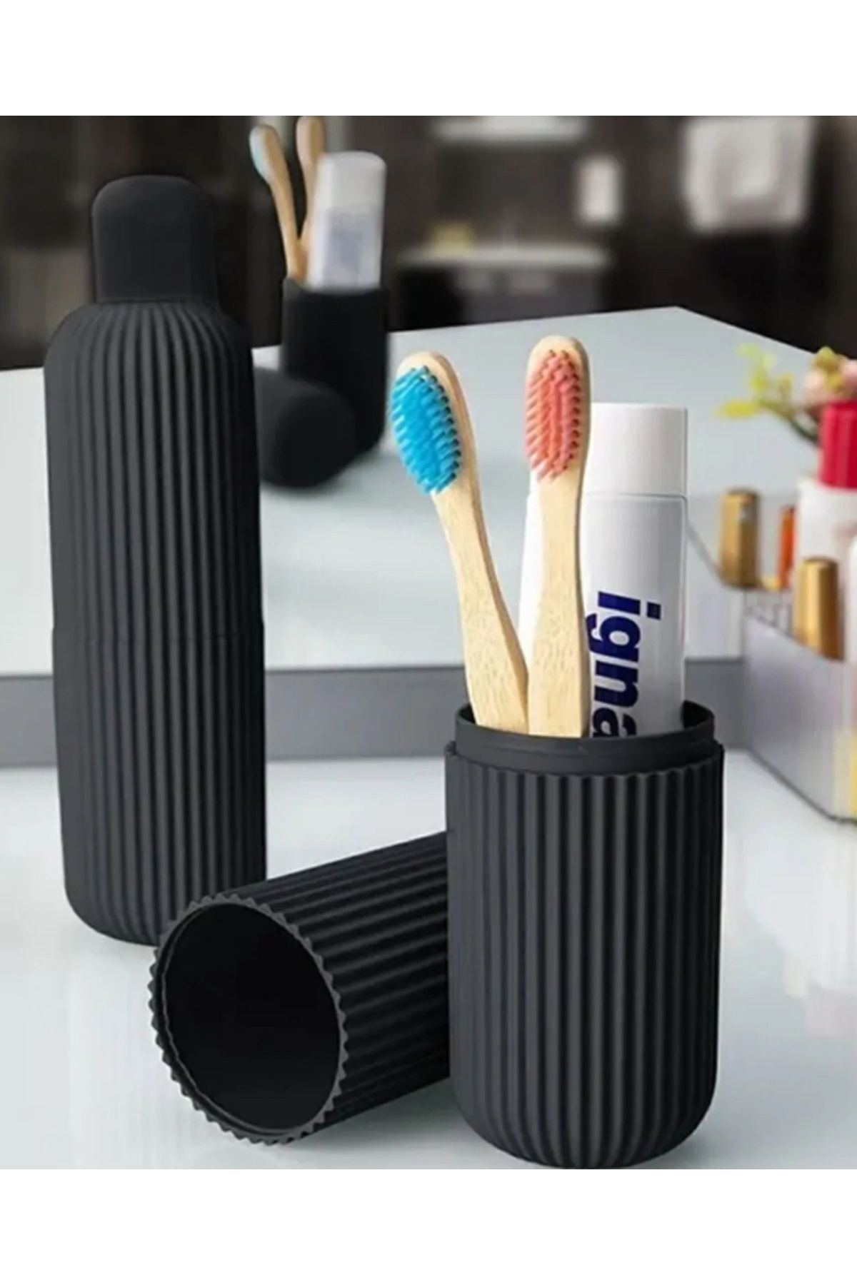 Siyah Gri Beyaz Renklerde 3 Adet Diş Fırçası Diş Macunu Saklama K