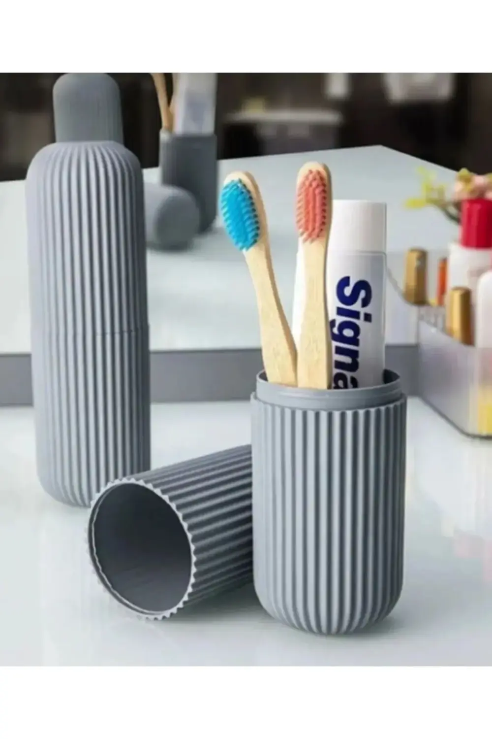 Siyah Gri Beyaz Renklerde 3 Adet Diş Fırçası Diş Macunu Saklama K
