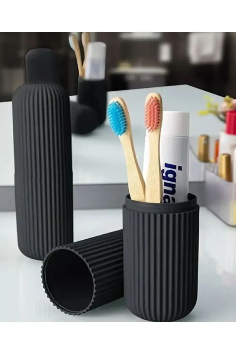 Siyah Gri Beyaz Renklerde 3 Adet Diş Fırçası Diş Macunu Saklama K