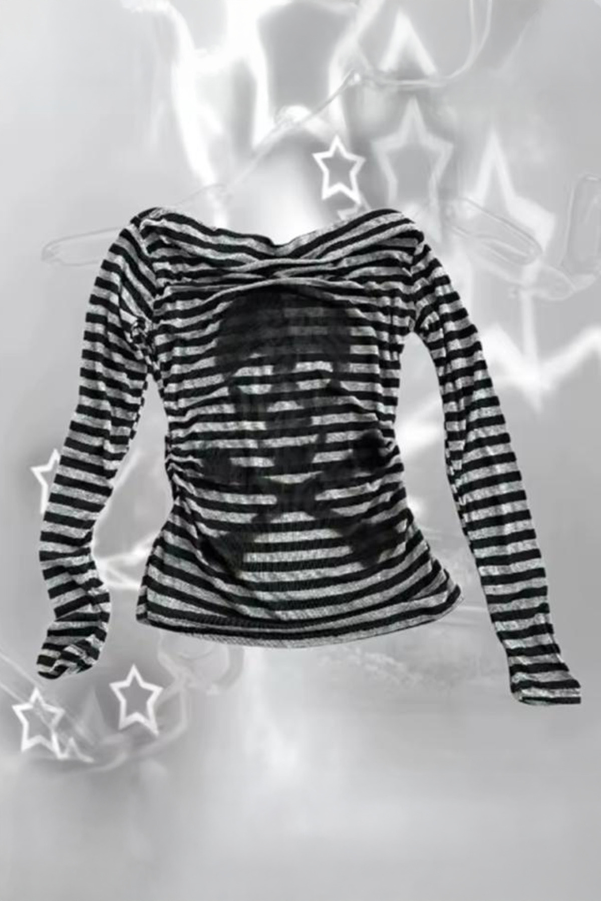 Siyah Gri Çizgili Skull Y2K Uzun Kollu Crop