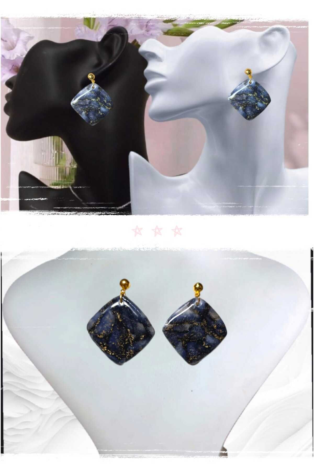 Siyah-gri Polimer Kil & Epoksi Tasarım Küpe