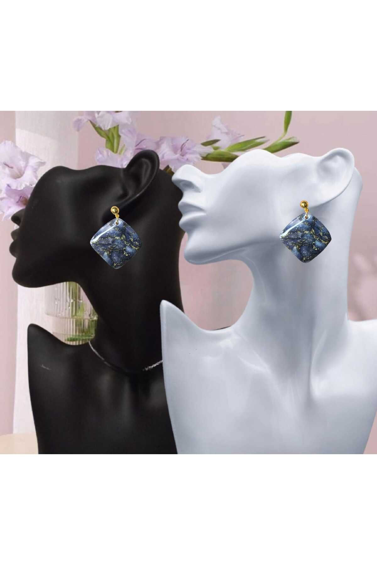 Siyah-gri Polimer Kil & Epoksi Tasarım Küpe