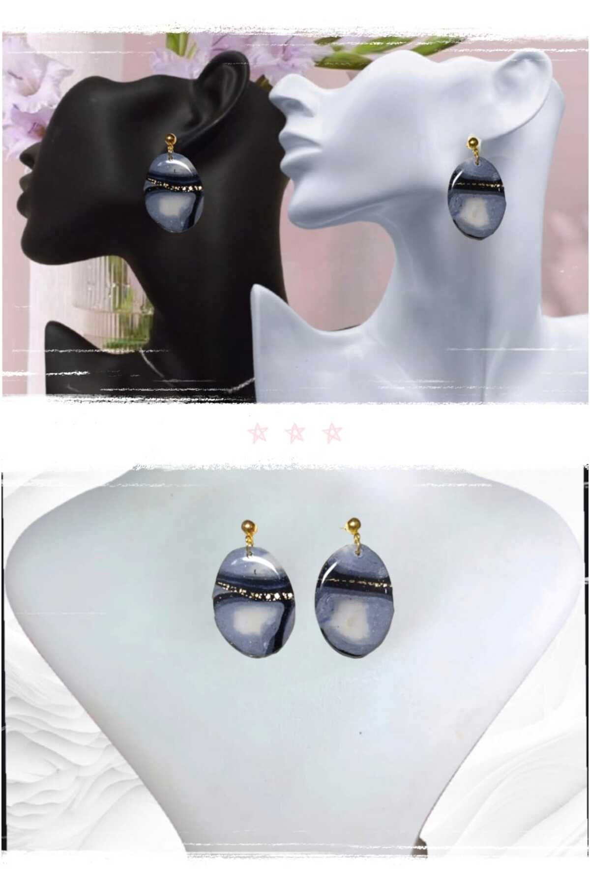 Siyah-gri Polimer Kil & Epoksi Tasarım Küpe