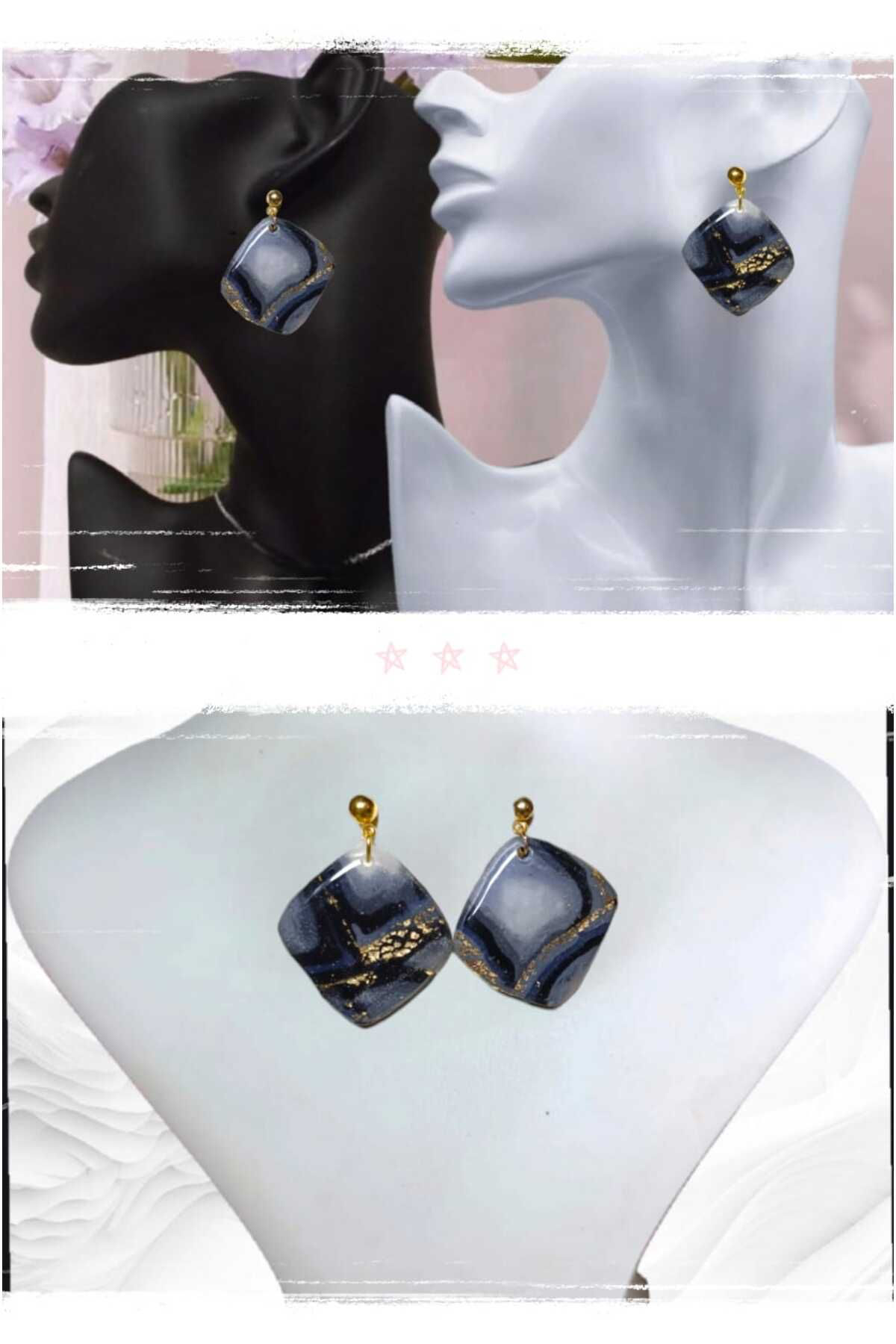 Siyah- Gri Polimer Kil & Epoksi Tasarım Küpe